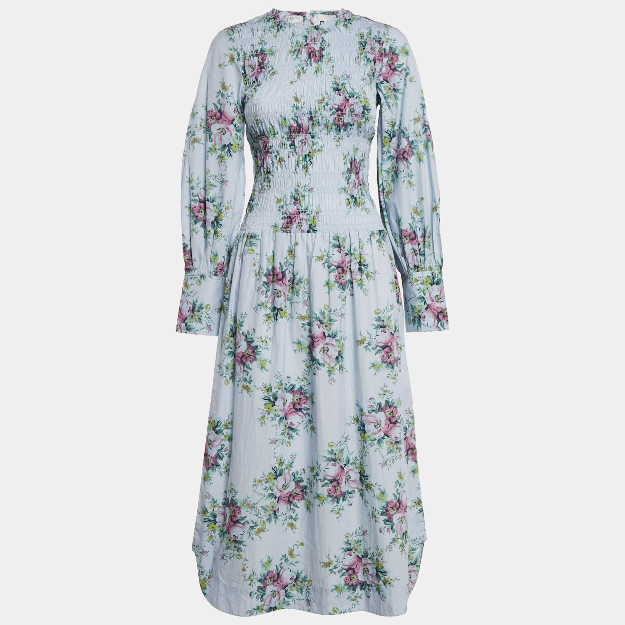 Pre Owned Ganni Blue Floral Print Cotton Shirring Detail Midi Dress XS