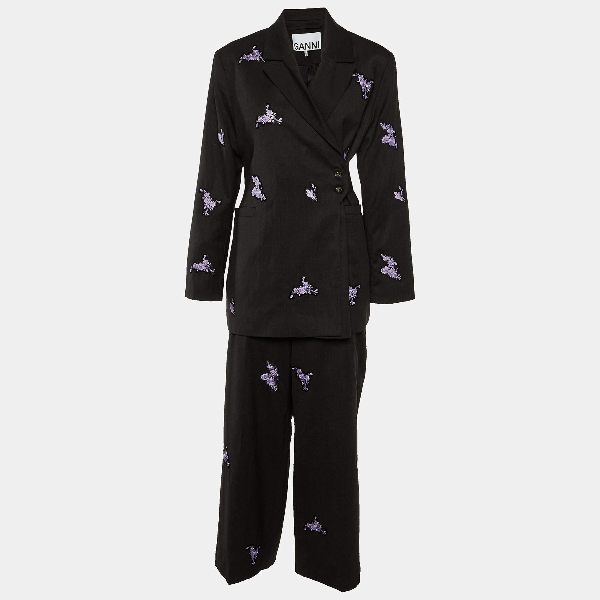 Ganni Charcoal Grey Embroidered Wool Wrap Blazer & Pants Set M