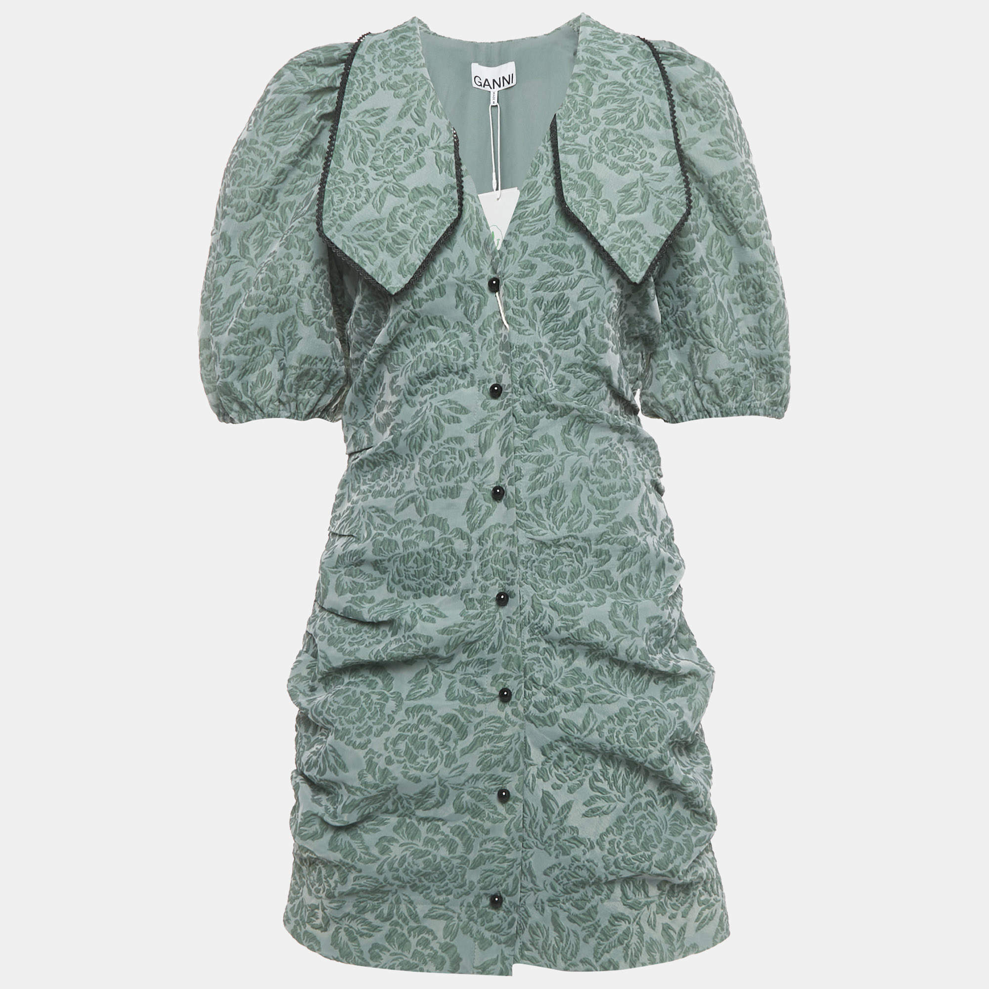 Pre Owned Ganni Green Rose Jacquard Ruched Button Front Mini Dress M