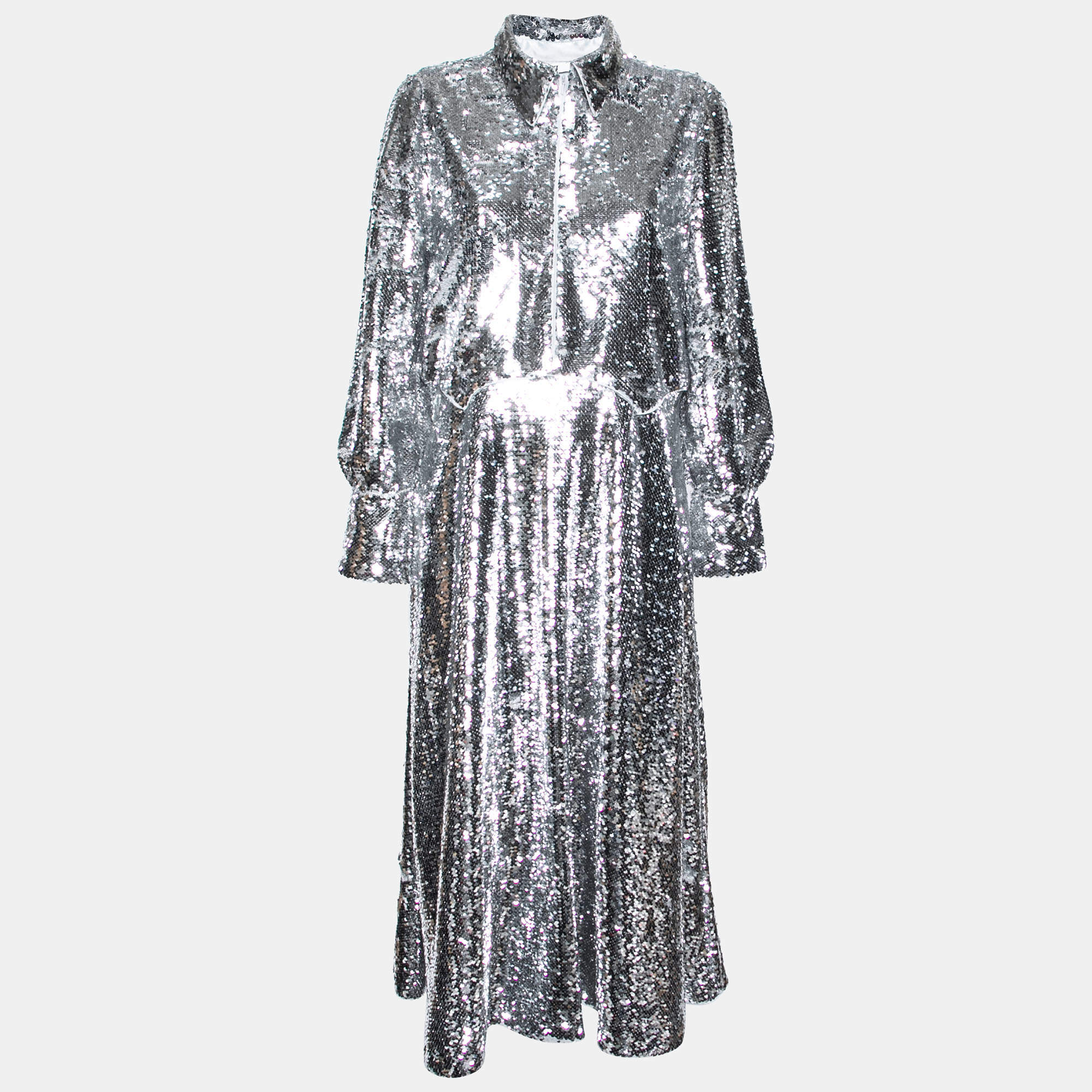Pre Owned Ganni Silver Synthetic Sonora Sequin Collar Maxi Dress S