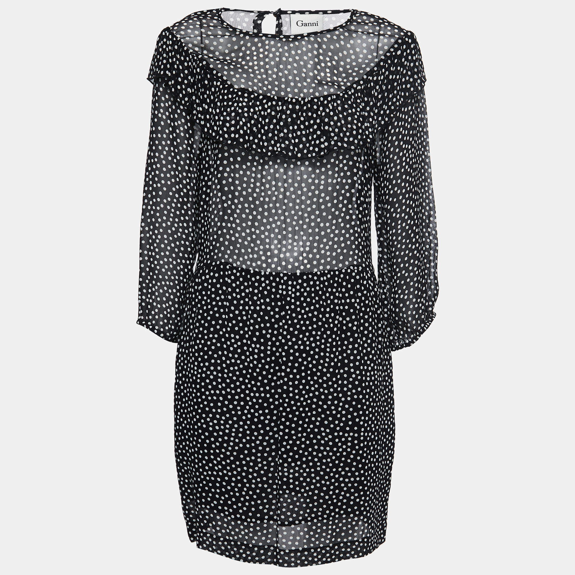 Ganni Black Polka Dotted Crepe Belleville Short Dress XL