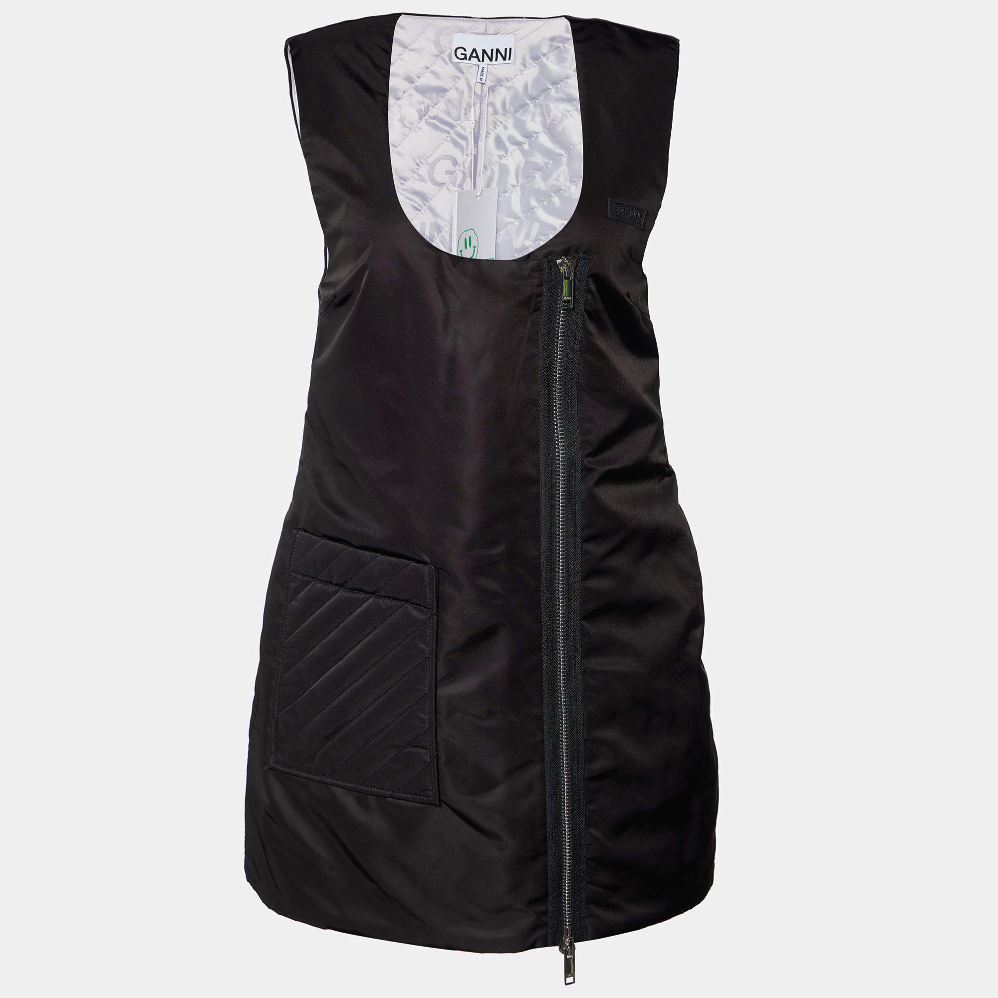 Pre Owned Ganni  Black Synthetic Quilted Pocket Sleeveless Zip Front Mini Dress M