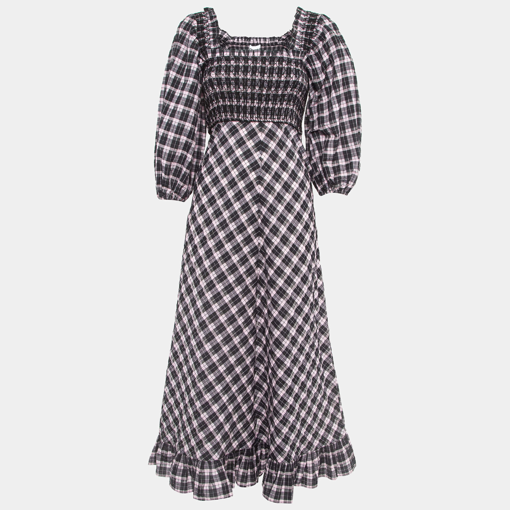 Pre Owned Ganni Black/Sweet Lilac Checked Cotton Blend Smocked Seersucker Maxi Dress XS