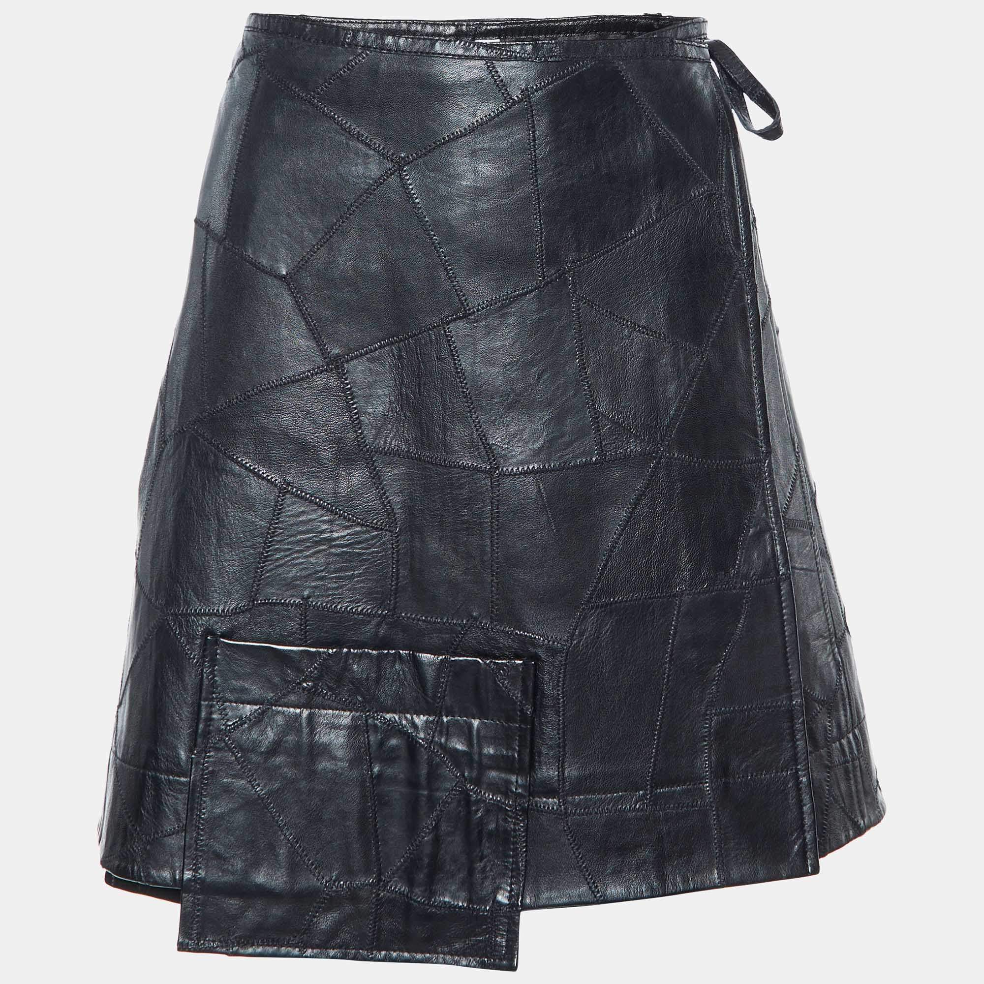 Ganni Black Patchwork Leather Wrap Around Mini Skirt XL 