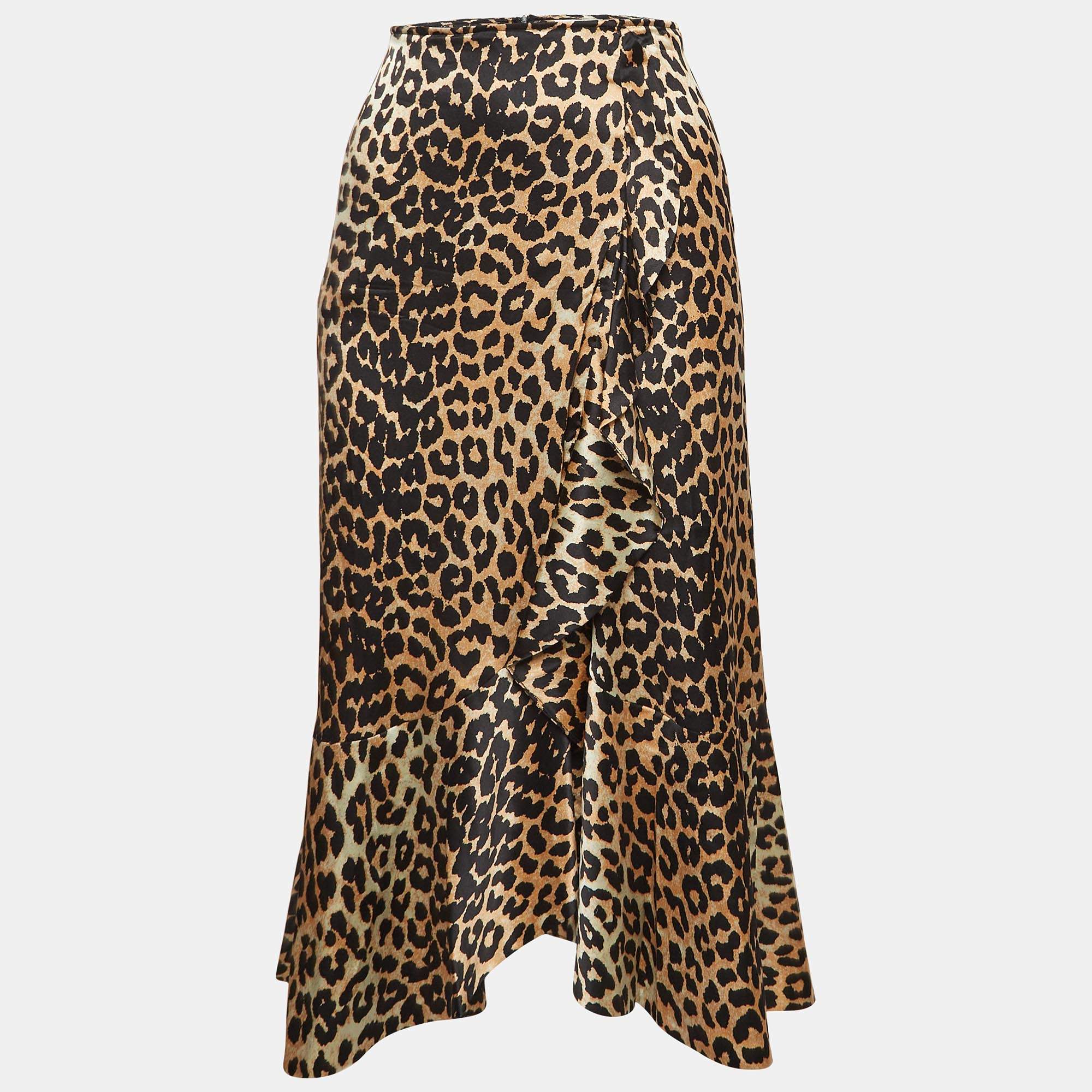 Ganni Brown Leopard Print Satin Ruffled Midi Skirt S