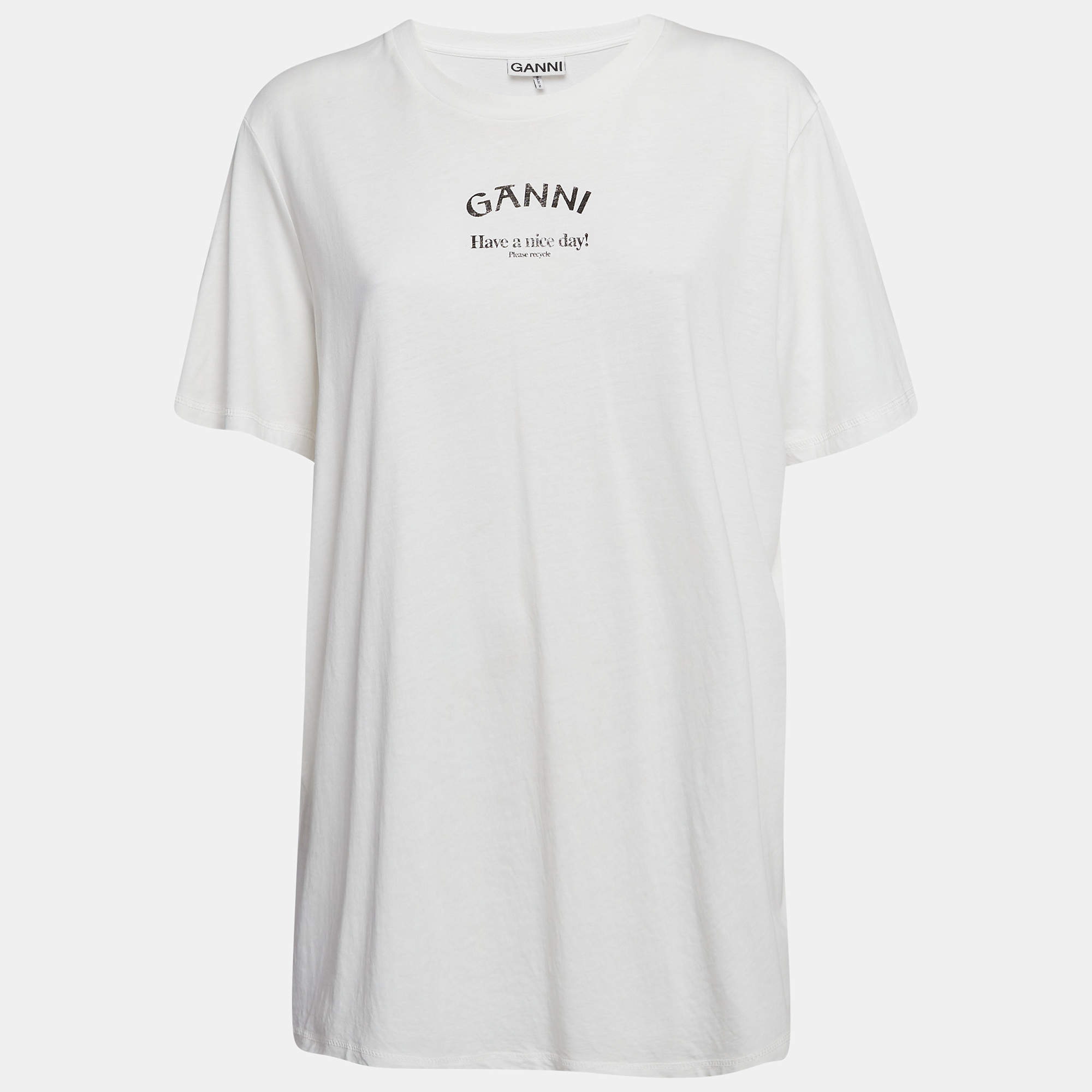 Pre Owned Ganni White Printed Cotton Knit Crew Neck T-Shirt XL
