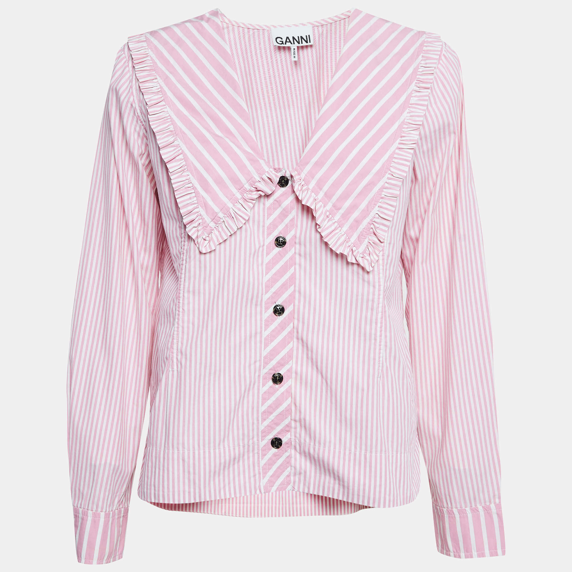 Pre Owned Ganni Pink/White Stripe Cotton Ruffled Collar Shirt M