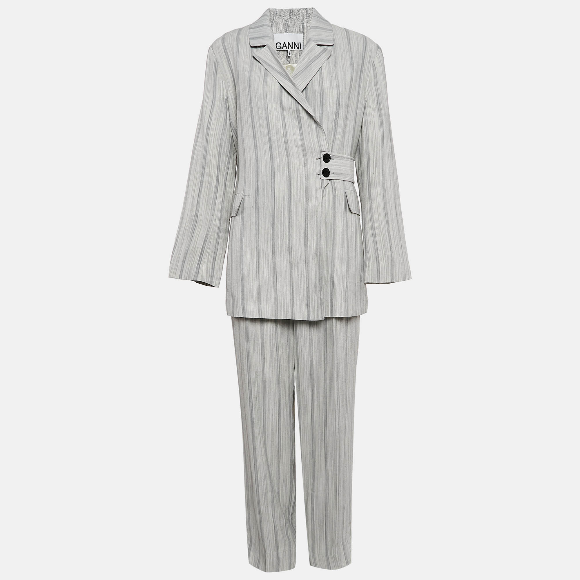 Pre Owned Ganni Grey Striped Crepe Button Front Pants Suit L