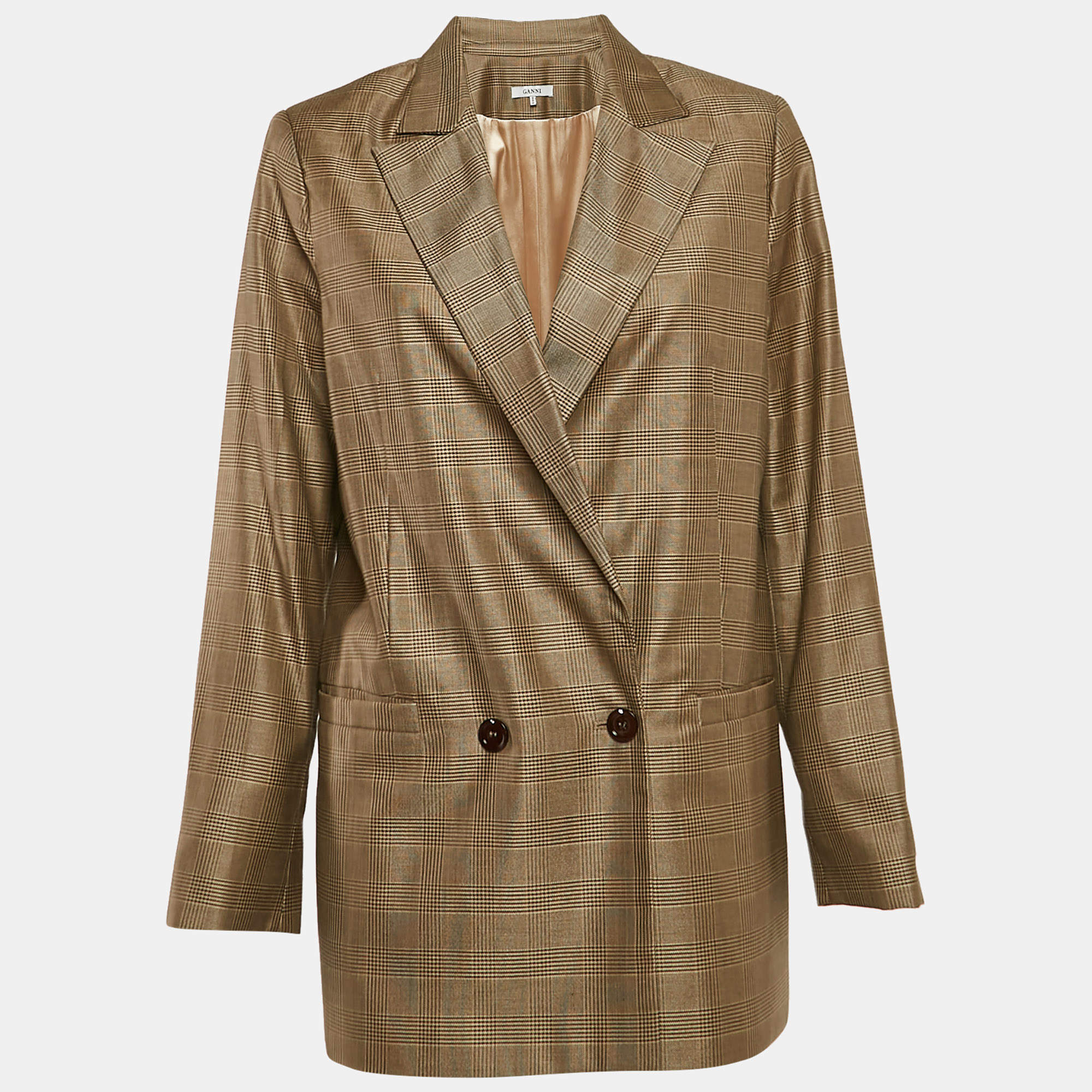 Ganni Brown Plaid Silk Blend Double Breasted Blazer L