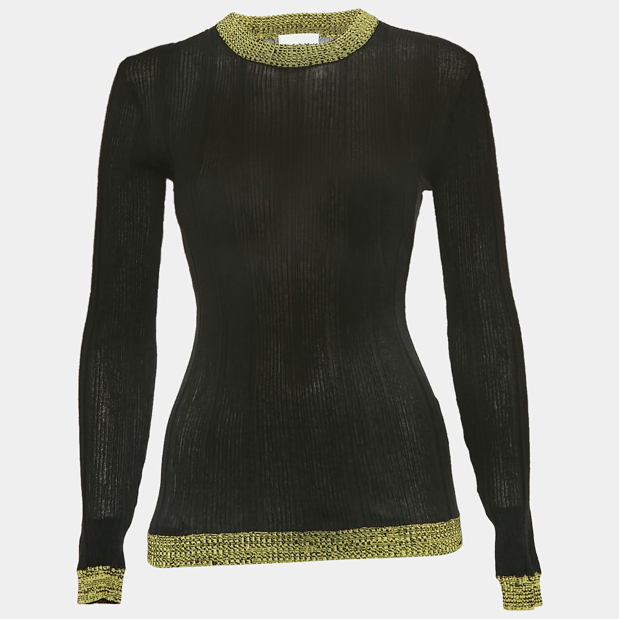 Pre Owned Ganni Black Textured Rib Knit Crew Neck Jumper S