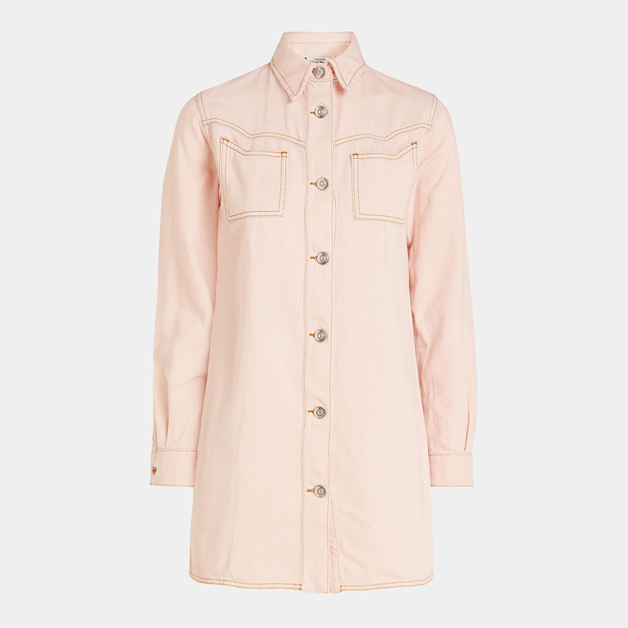 Ganni Pink Washed Kress Soft Denim Mini Shirt Dress M