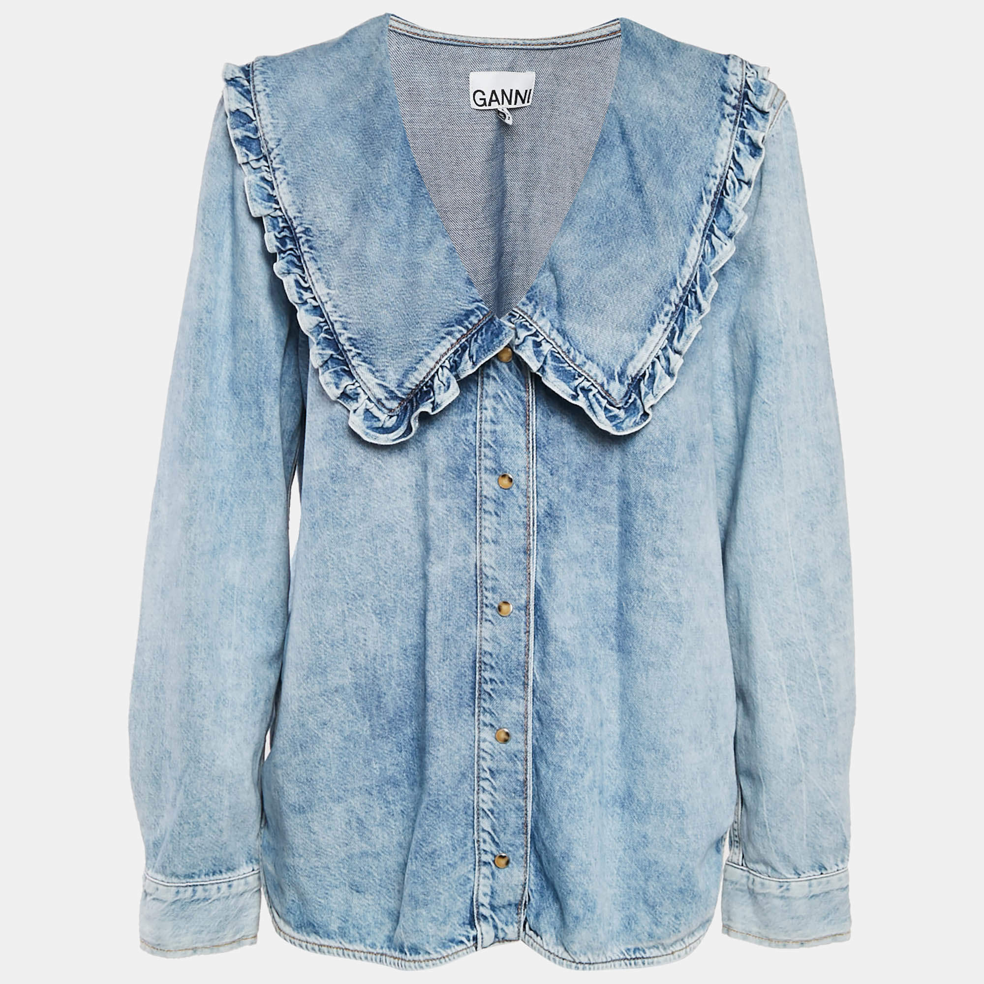 Pre Owned Ganni Blue Denim Ruffled Platter Collar Shirt XL