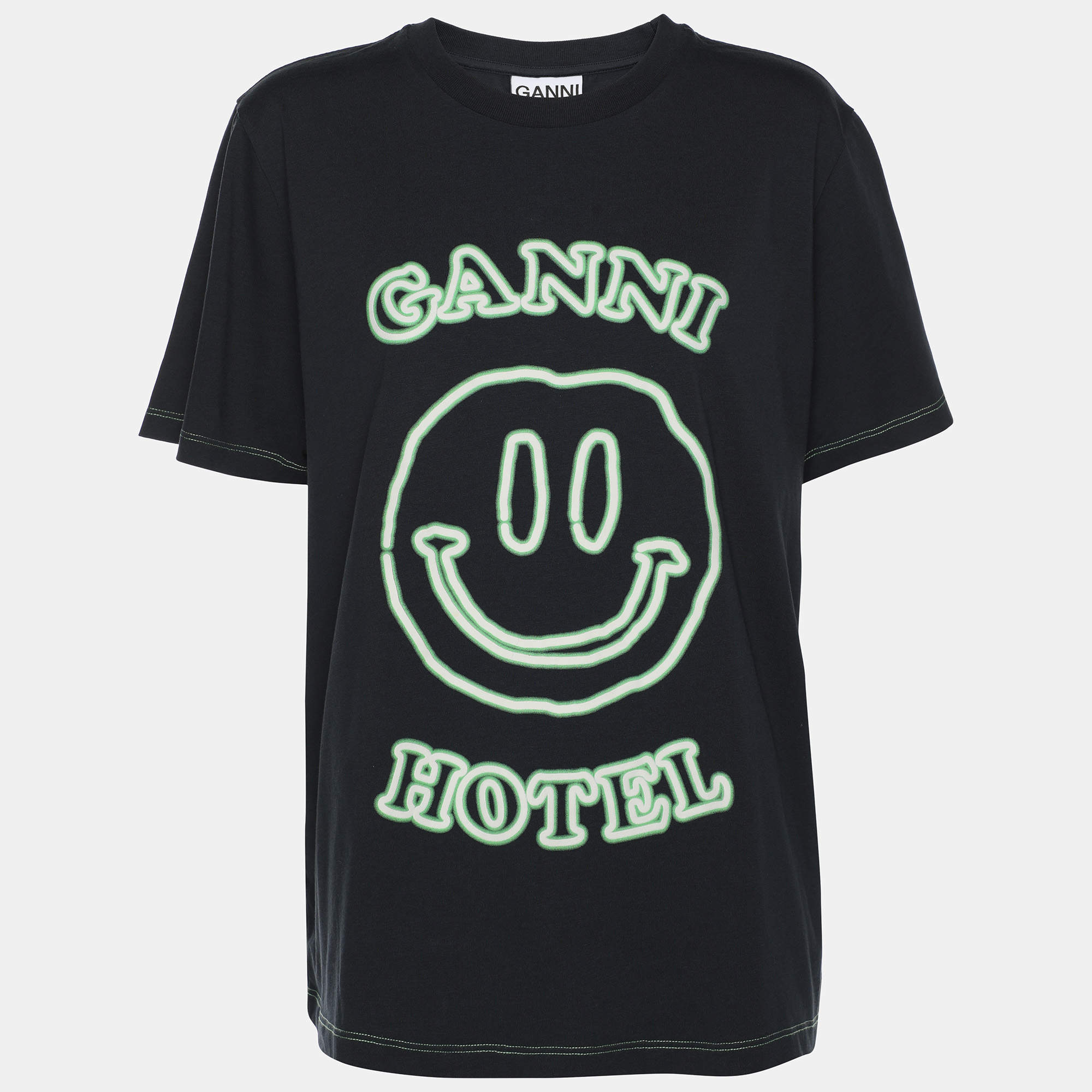 Pre Owned Ganni Black Cotton Hotel T-Shirt L