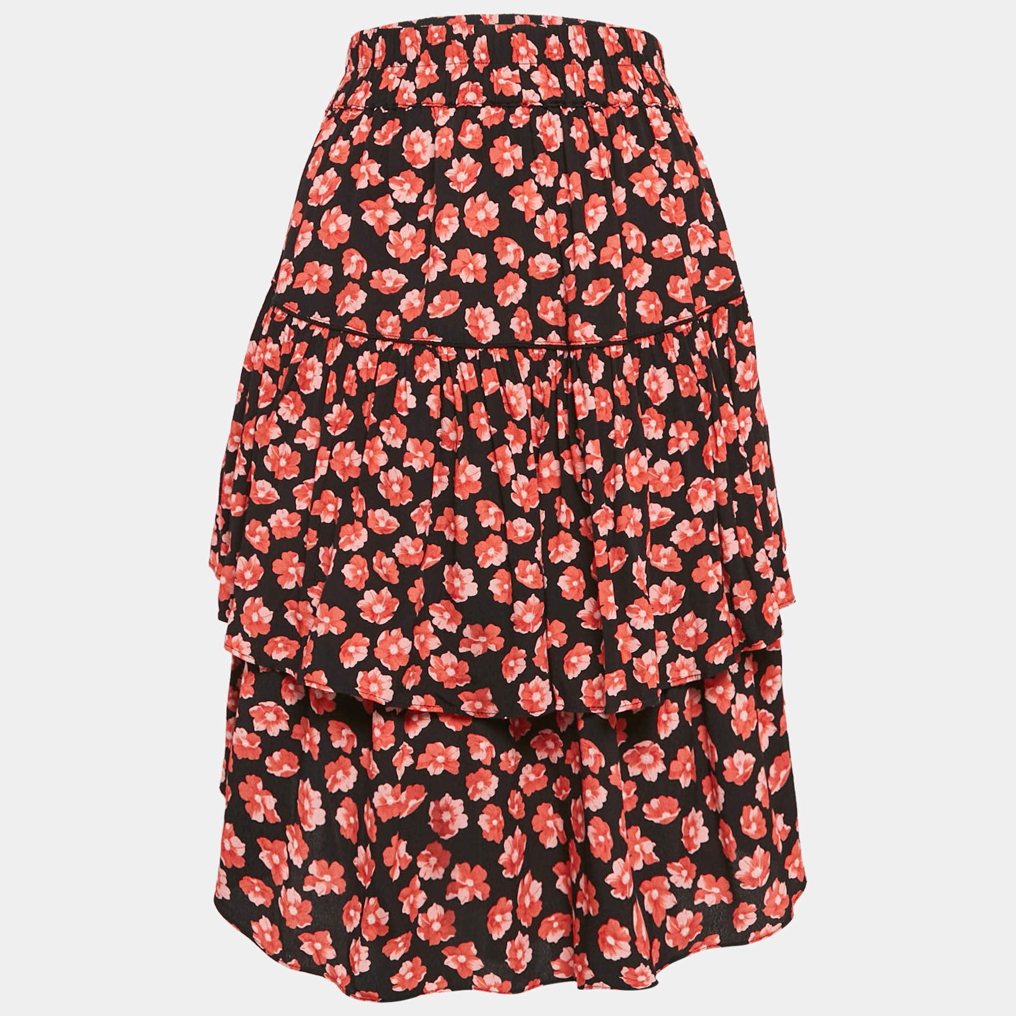 Pre Owned Ganni Black/Red Floral Print Lindale Crepe Tiered Short Skirt L