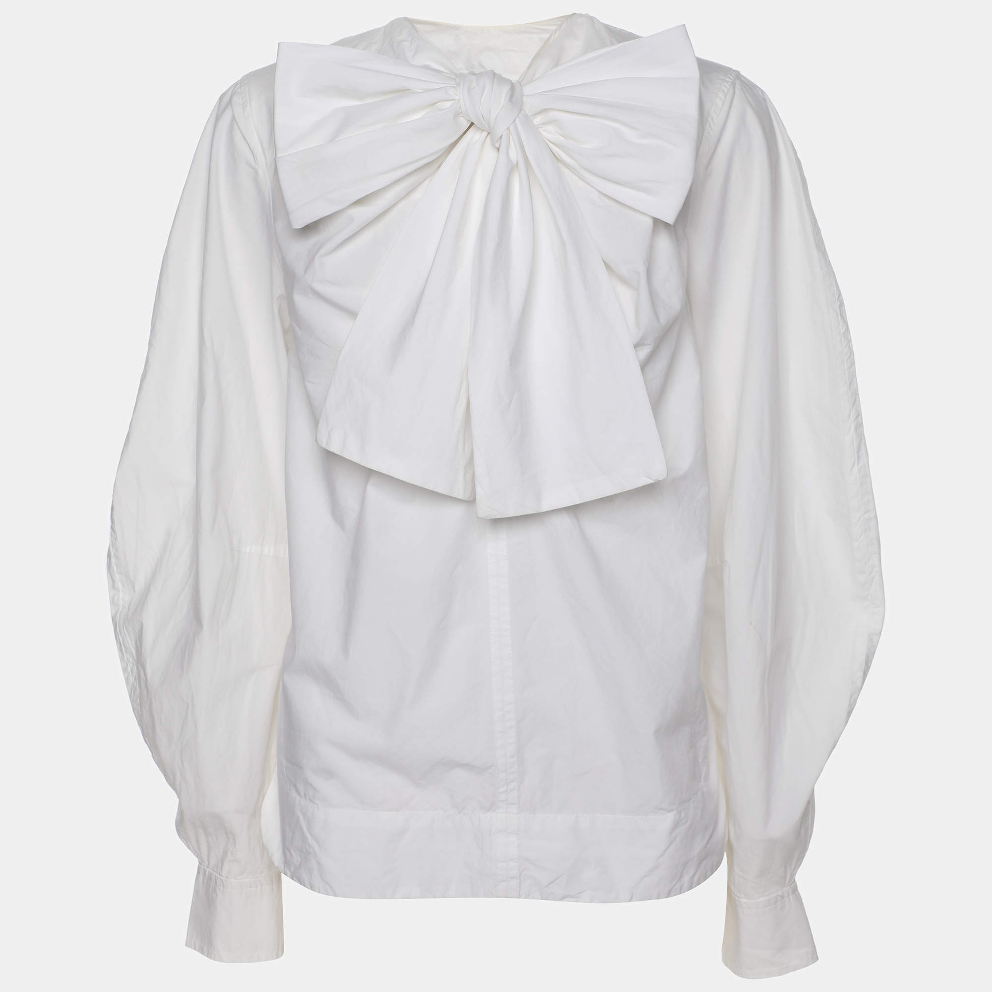 Pre Owned Ganni White Cotton Cropped Sleeve Bow Top XS