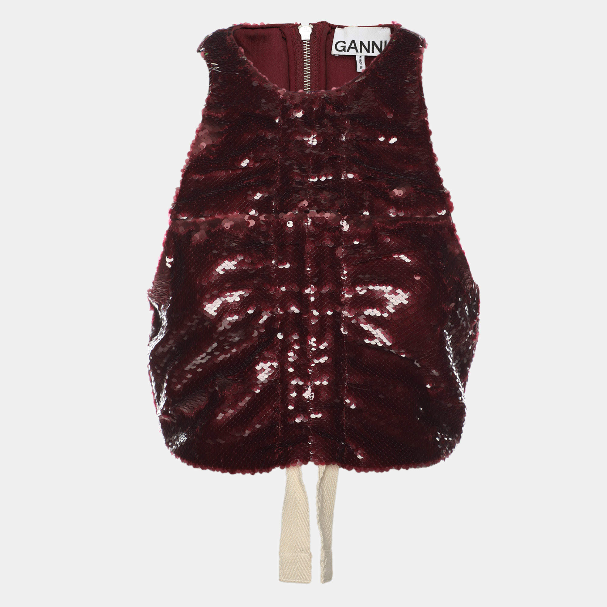 Pre Owned Ganni Burgundy Sequin Sleeveless Crop Top XXS