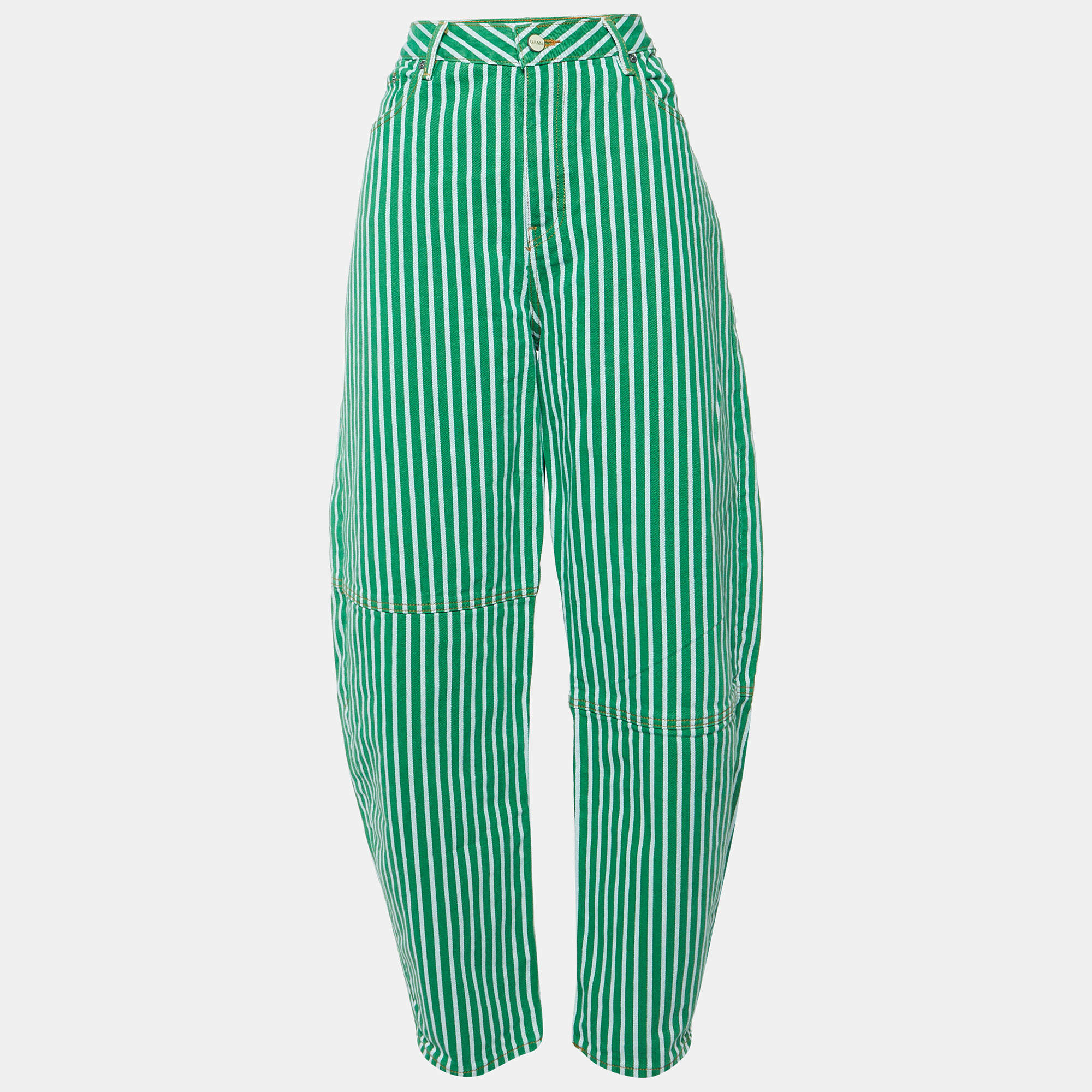 Ganni Green Striped Cotton Stary Baggy Jeans L/Waist 33"