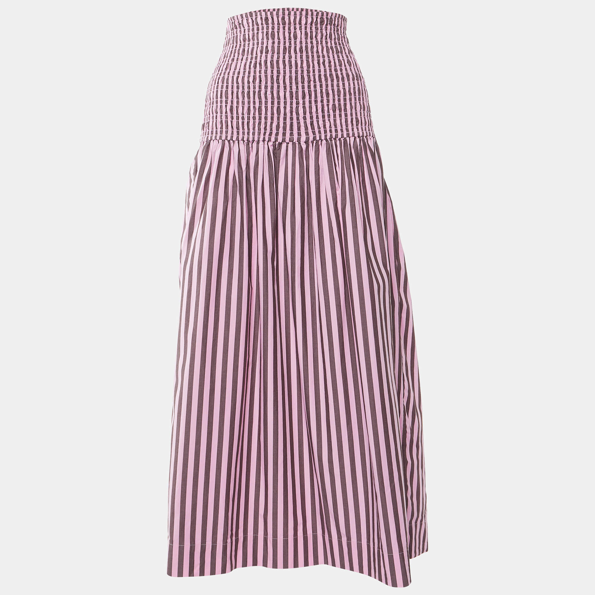 Ganni Pink Striped Cotton Smocked Waist Maxi Skirt L