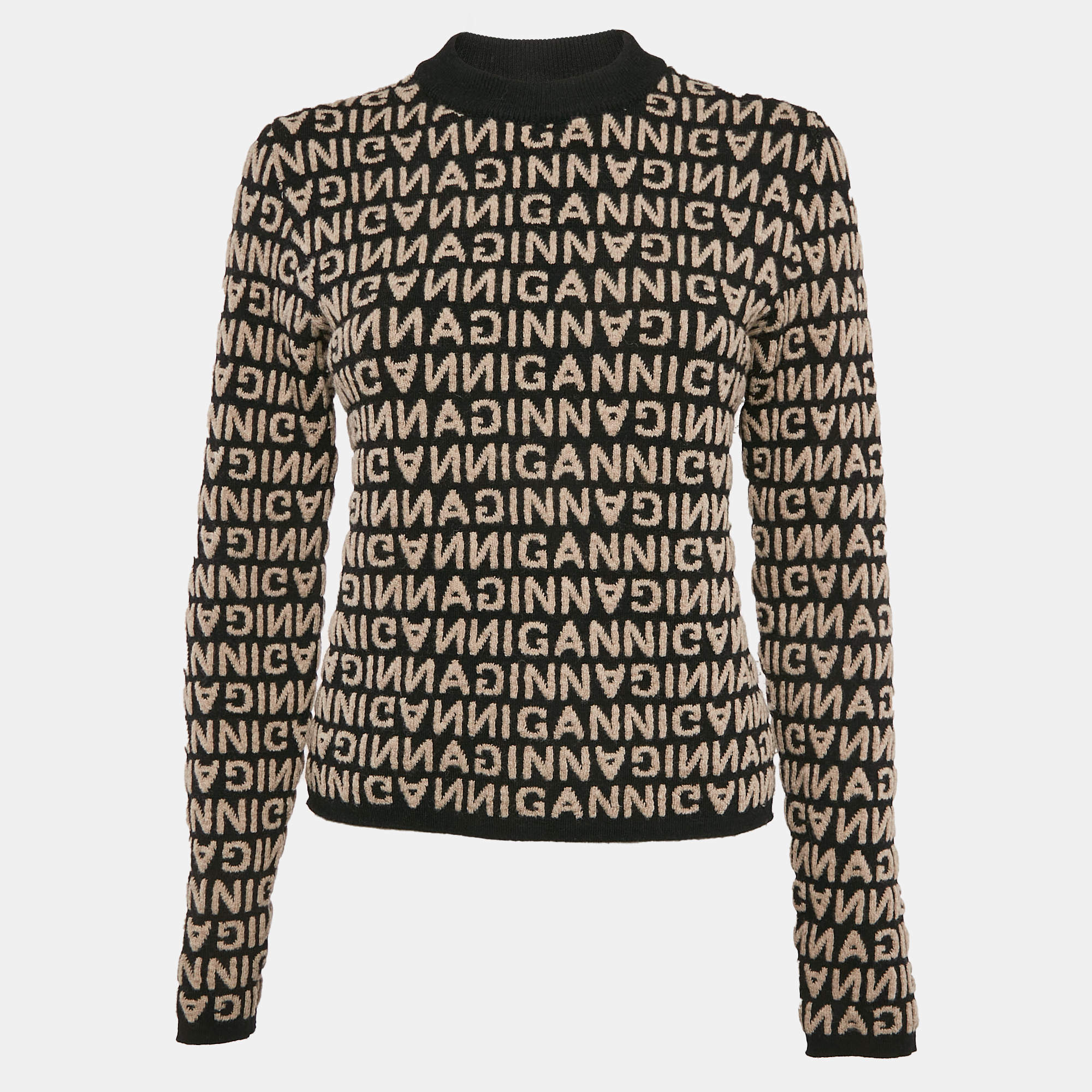 Pre Owned Ganni Black/Beige Monogram Pattern Wool Blend Sweater M