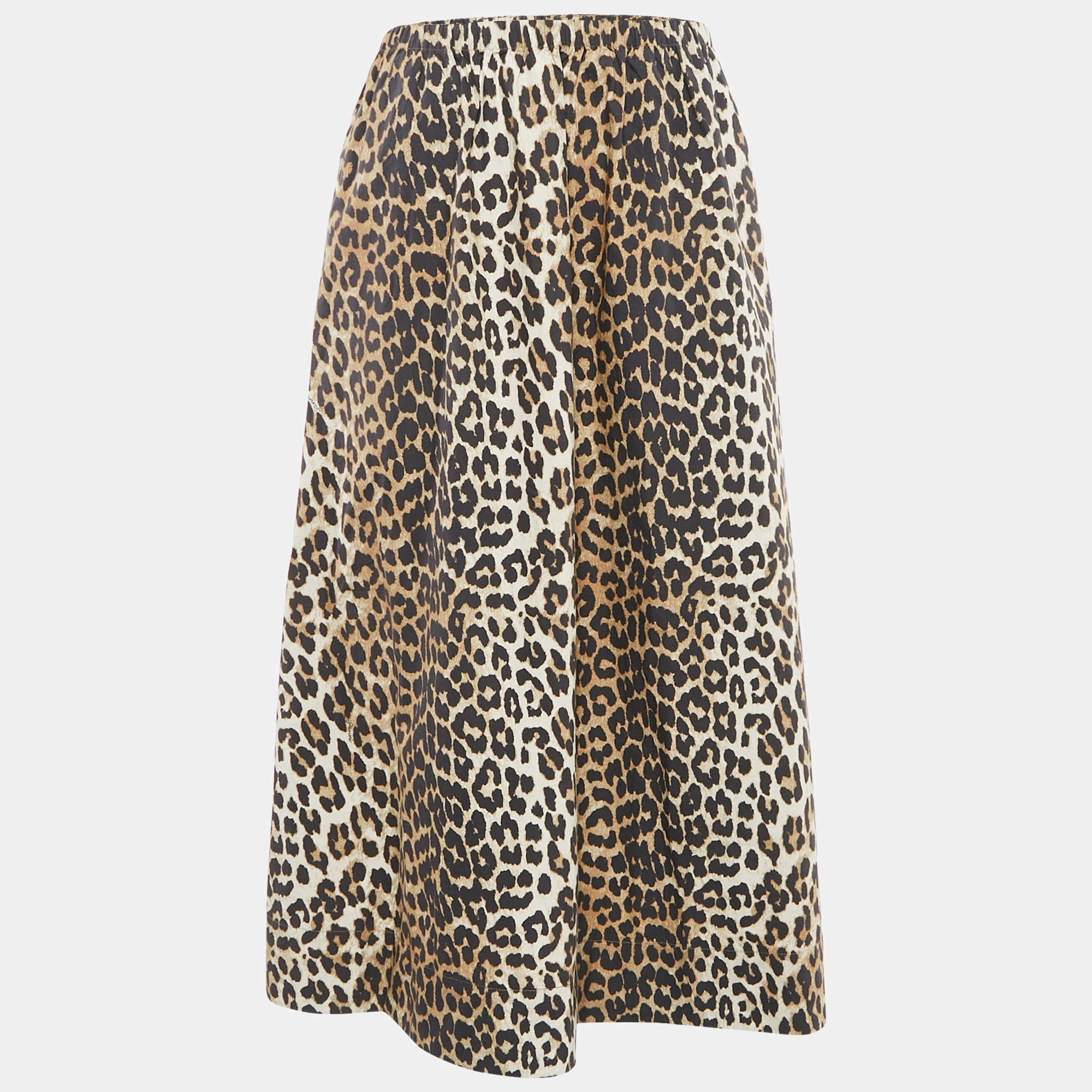 Pre Owned Ganni Brown Leopard Cotton Gathered Midi Skirt M