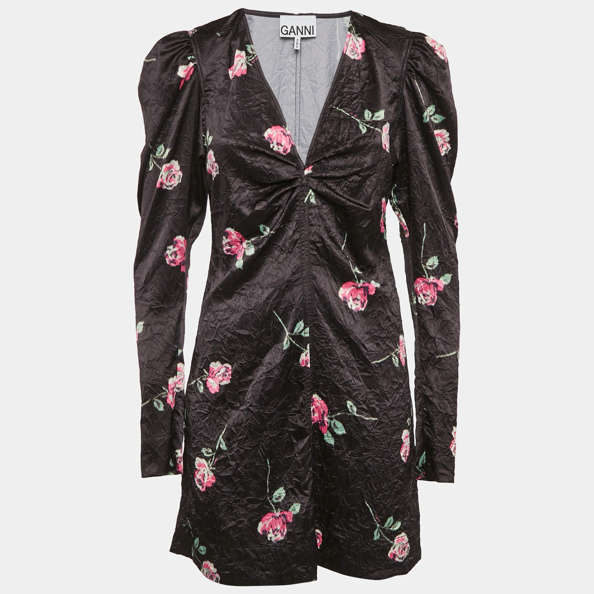 Pre Owned Ganni Black Crinkle Effect Rose Print Crepe V-Neck Mini Dress S