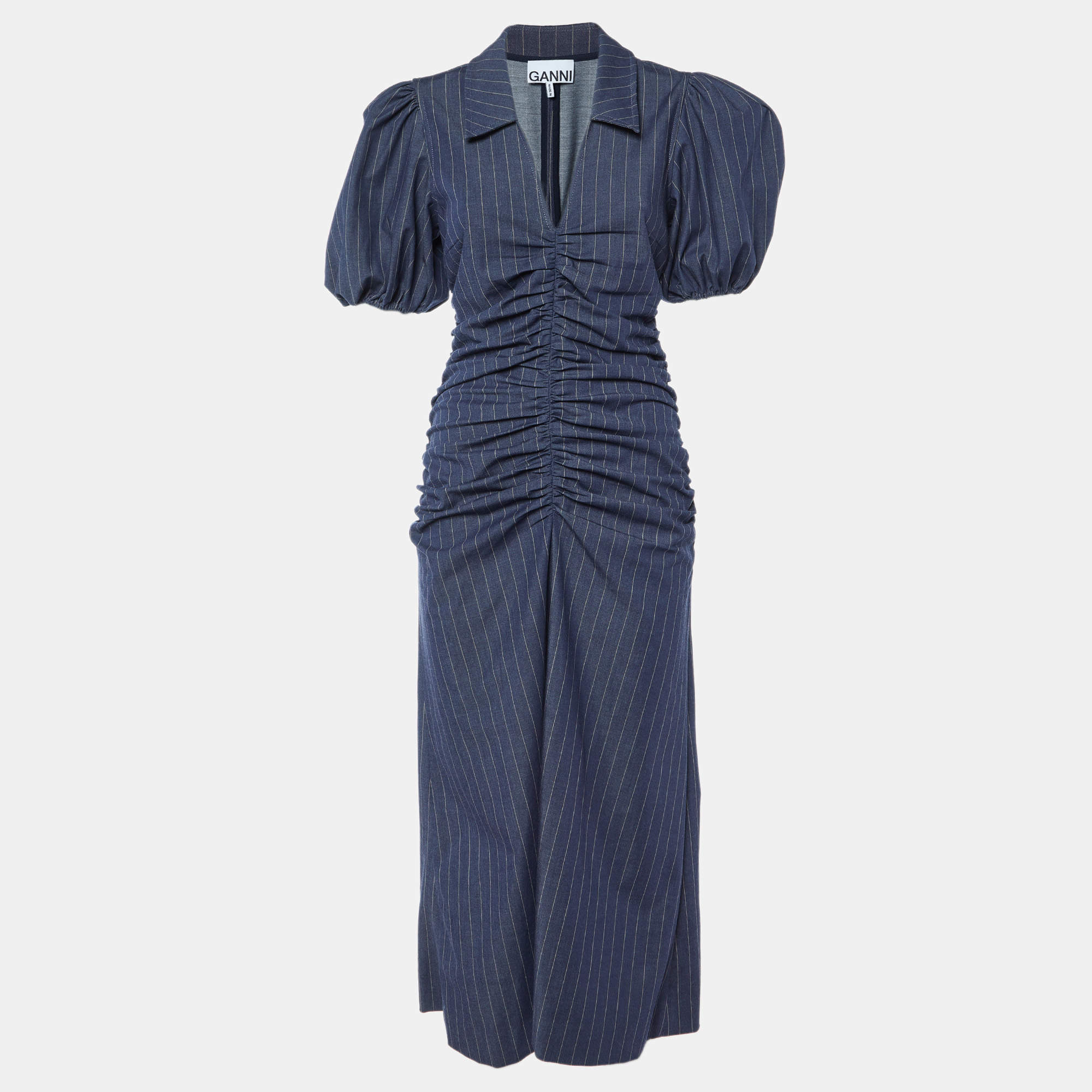Pre Owned Ganni Navy Blue Pinstripe Ruched Maxi Dress L