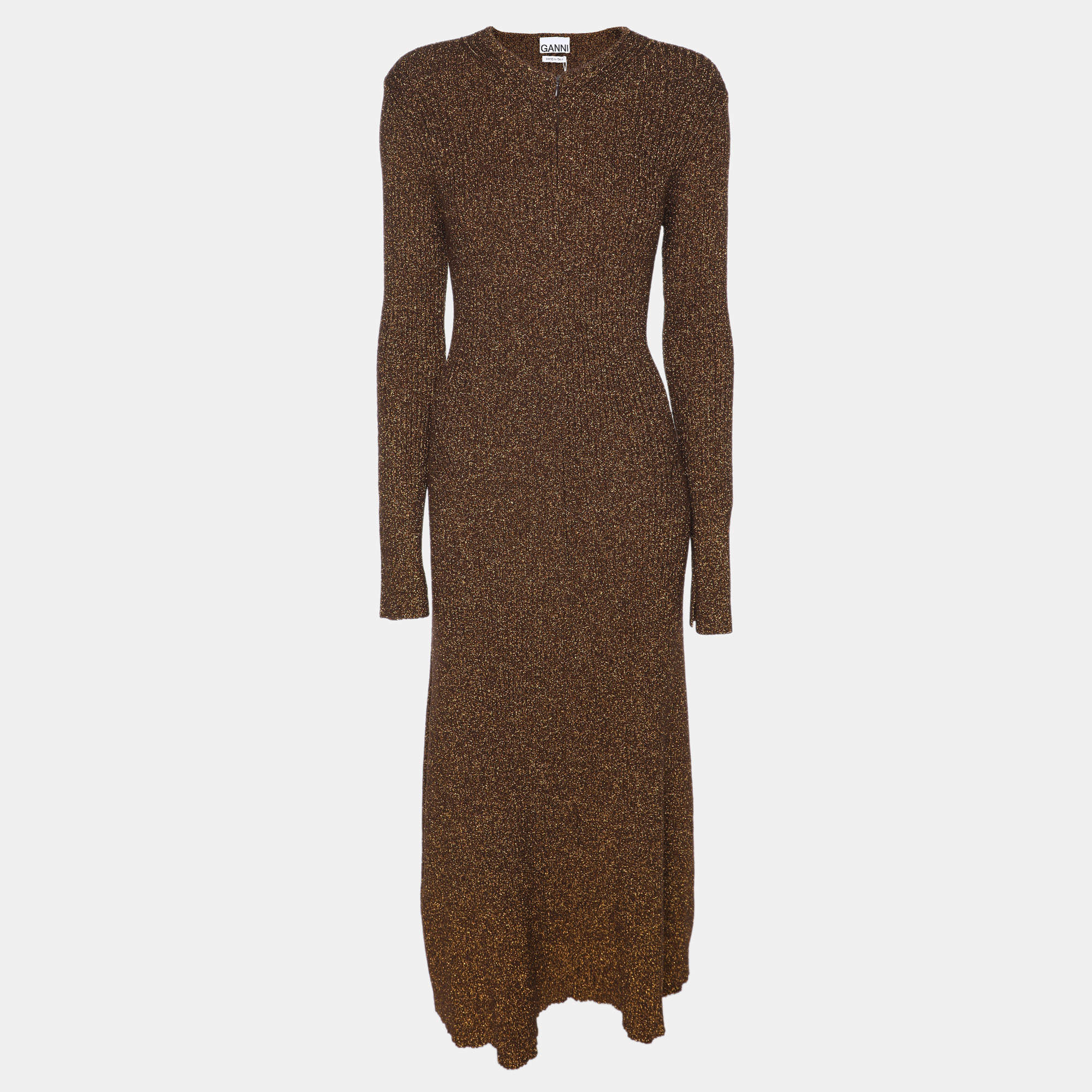 Pre Owned Ganni Metallic Gold Lurex Knit Midi Dress M