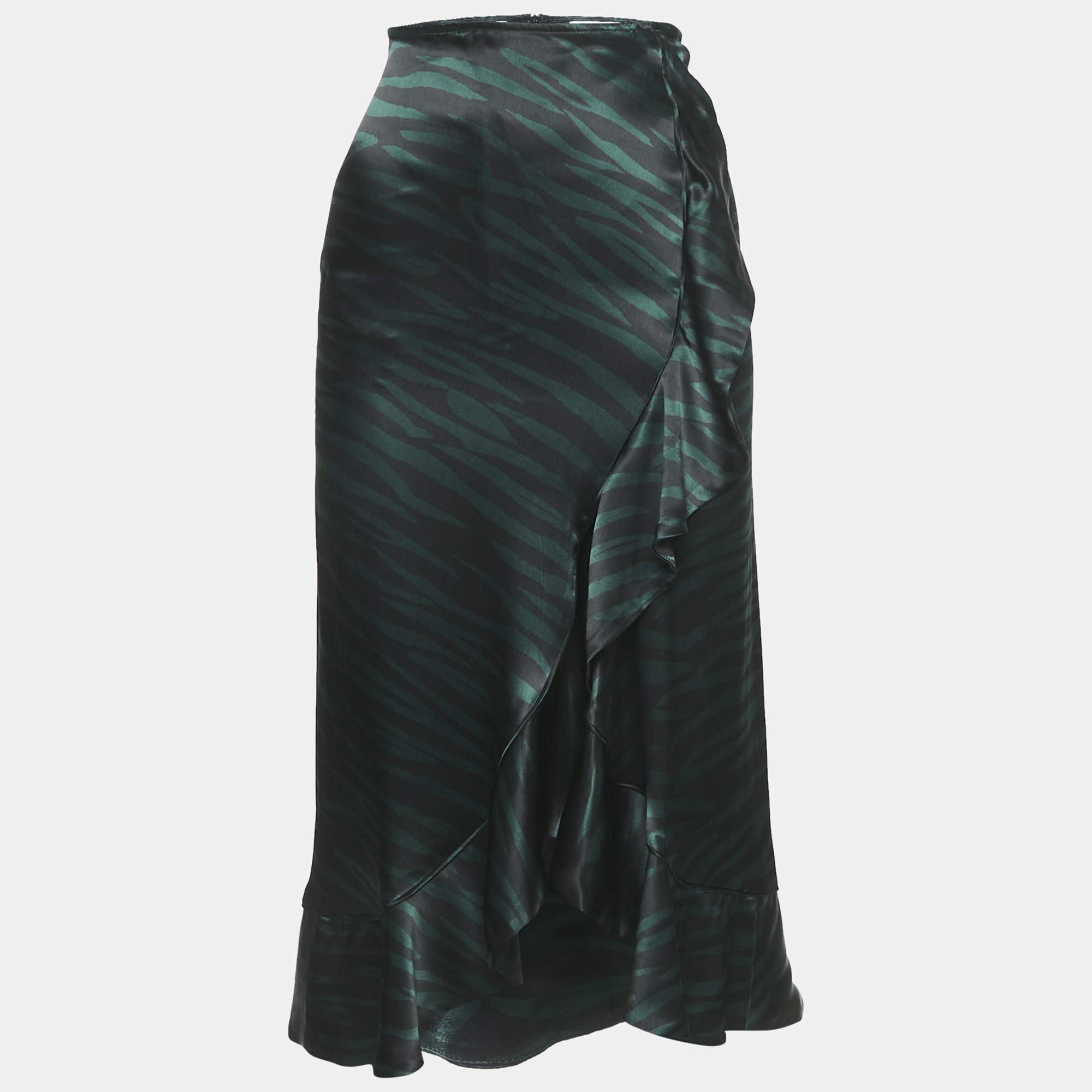 Pre Owned Ganni Black/Green Animal Print Satin Ruffled Midi Skirt XS