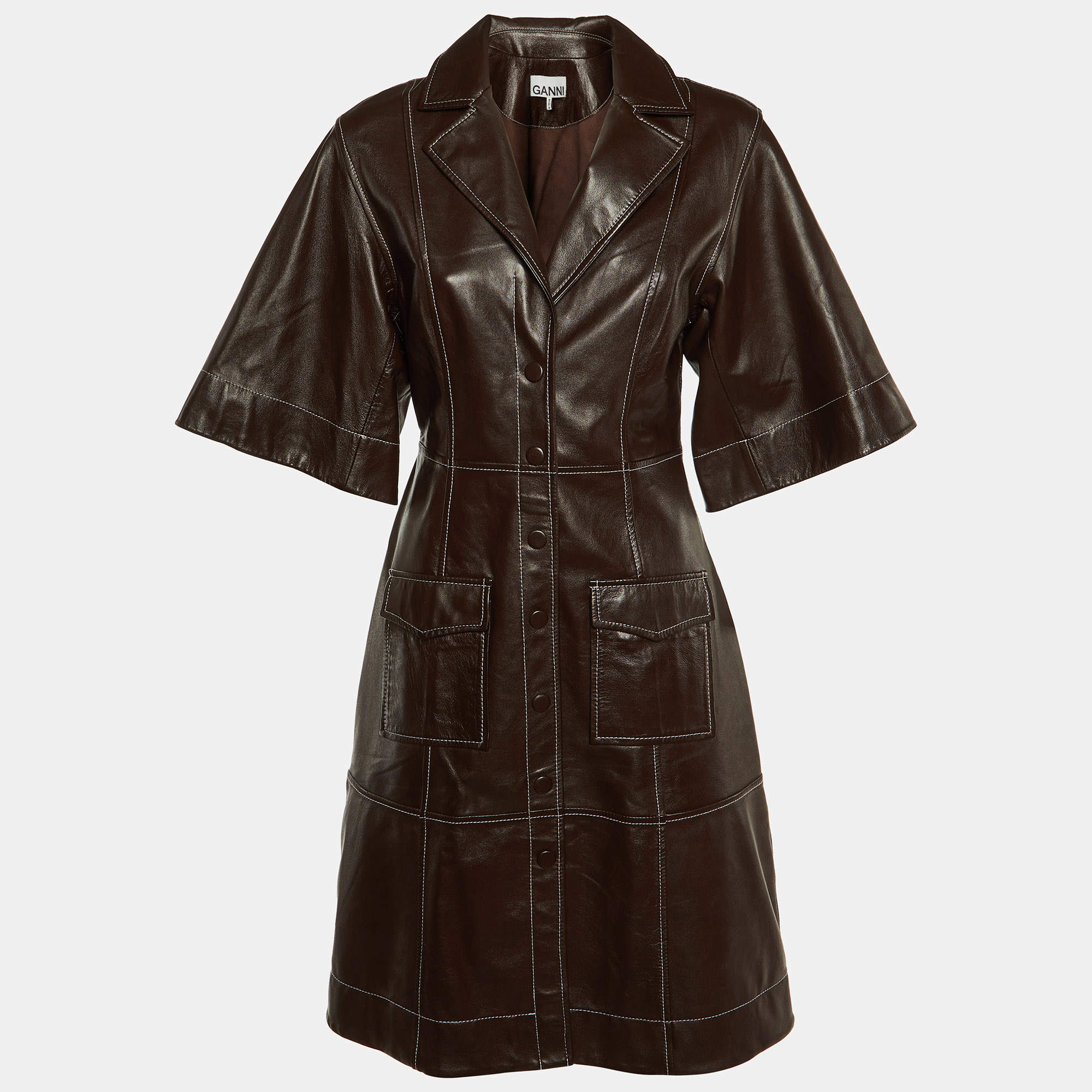 Pre Owned Ganni Brown Leather Midi Shirt Dress M