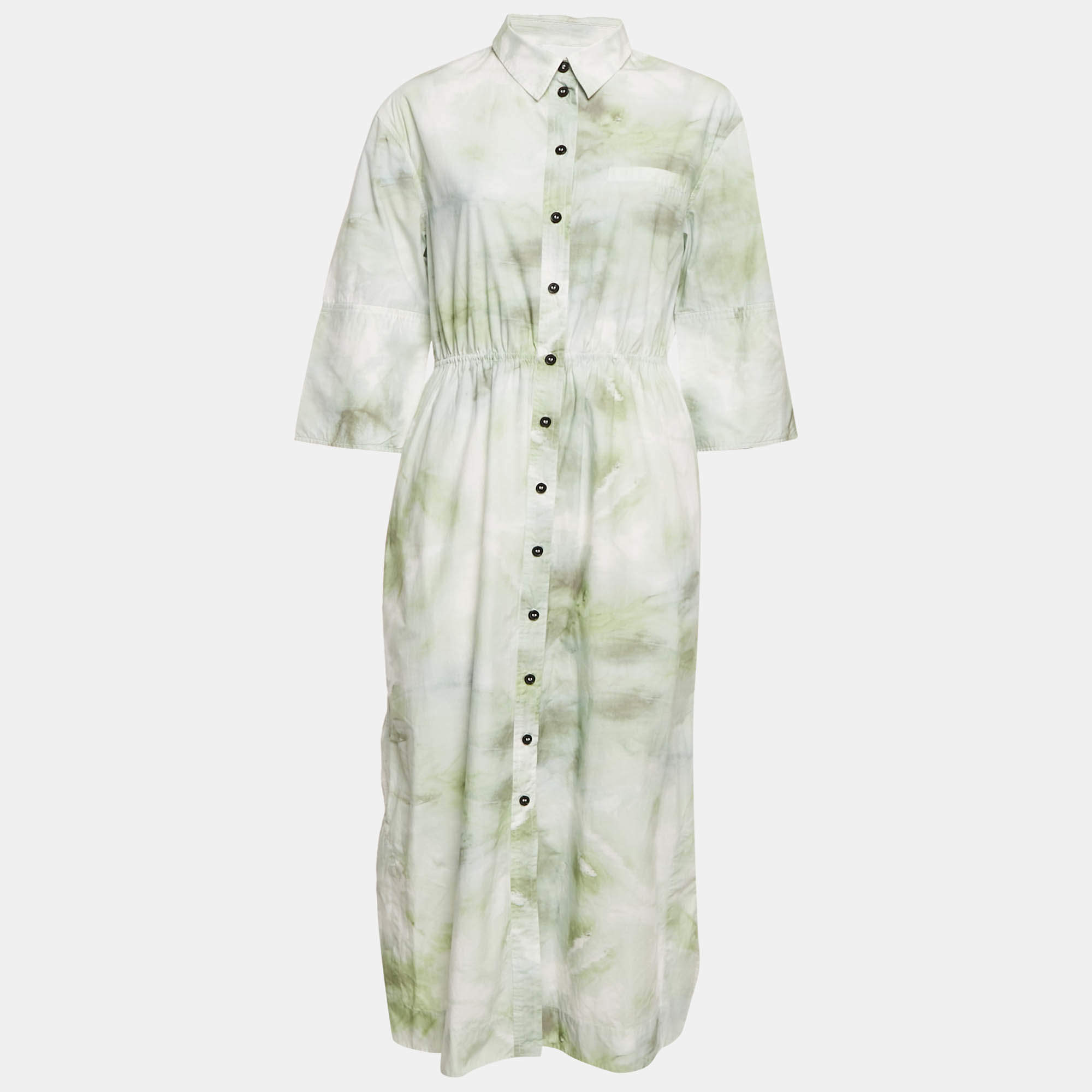 Ganni Green Tie-Dye Print Button Front Long Shirt Dress M