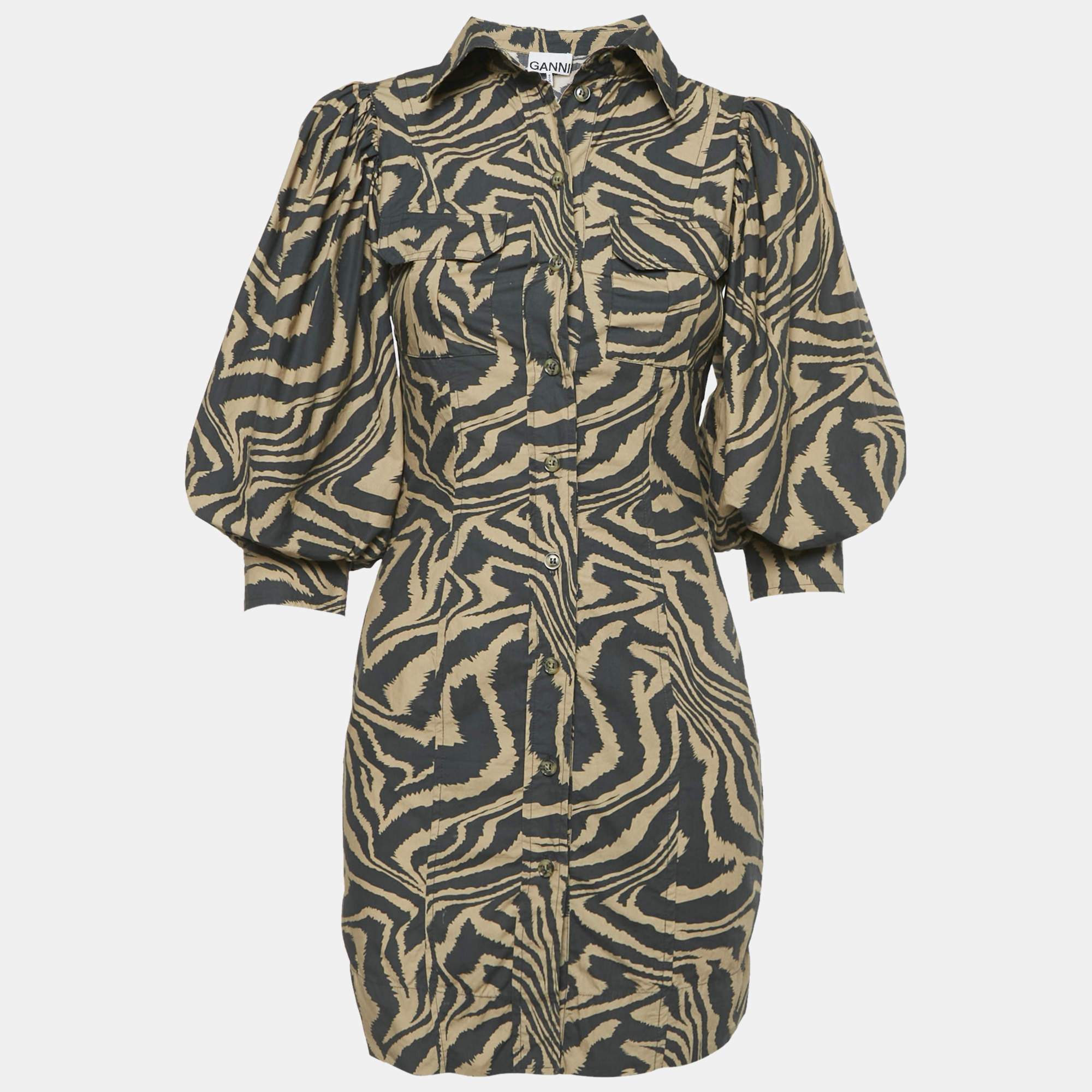 Ganni Brown Zebra Print Cotton Puff-Sleeve  Mini Shirt Dress XS