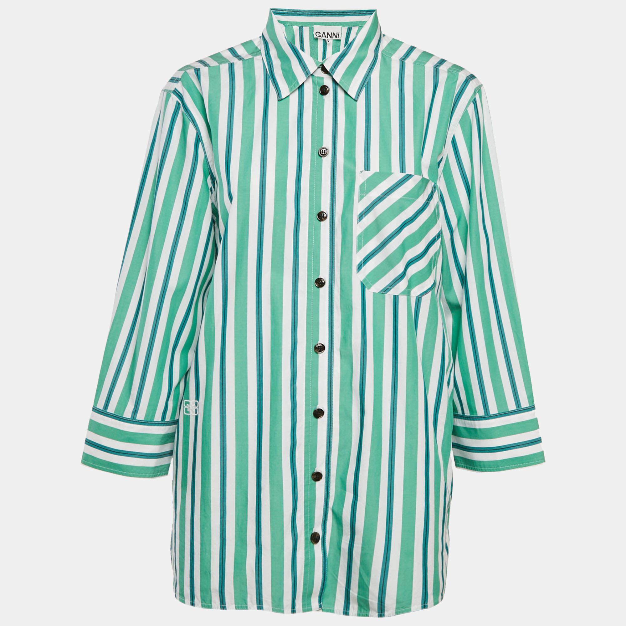 Pre Owned Ganni Green Striped Cotton Button Front Oversized Shirt S