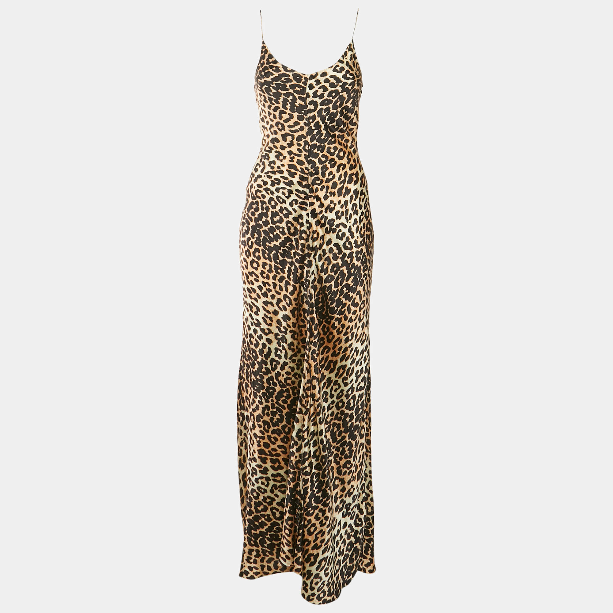 Ganni Brown Leopard Print Silk Sleeveless Maxi Dress S