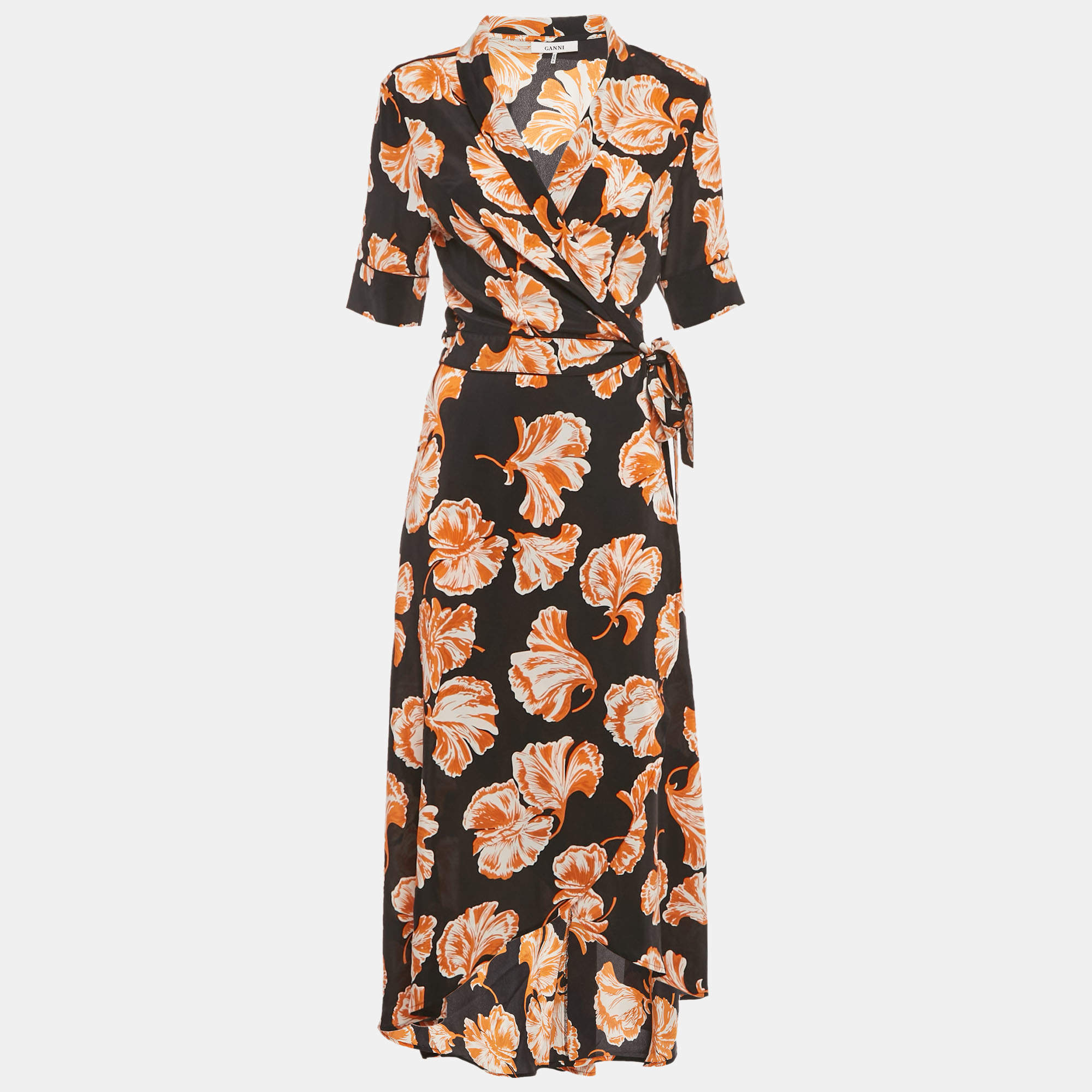 Pre Owned Ganni Black Floral Print Midi Wrap Dress M