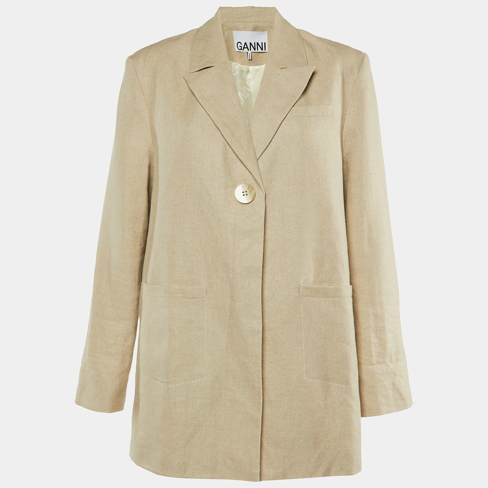 Ganni Neutral Linen Button Front Oversized Jacket L