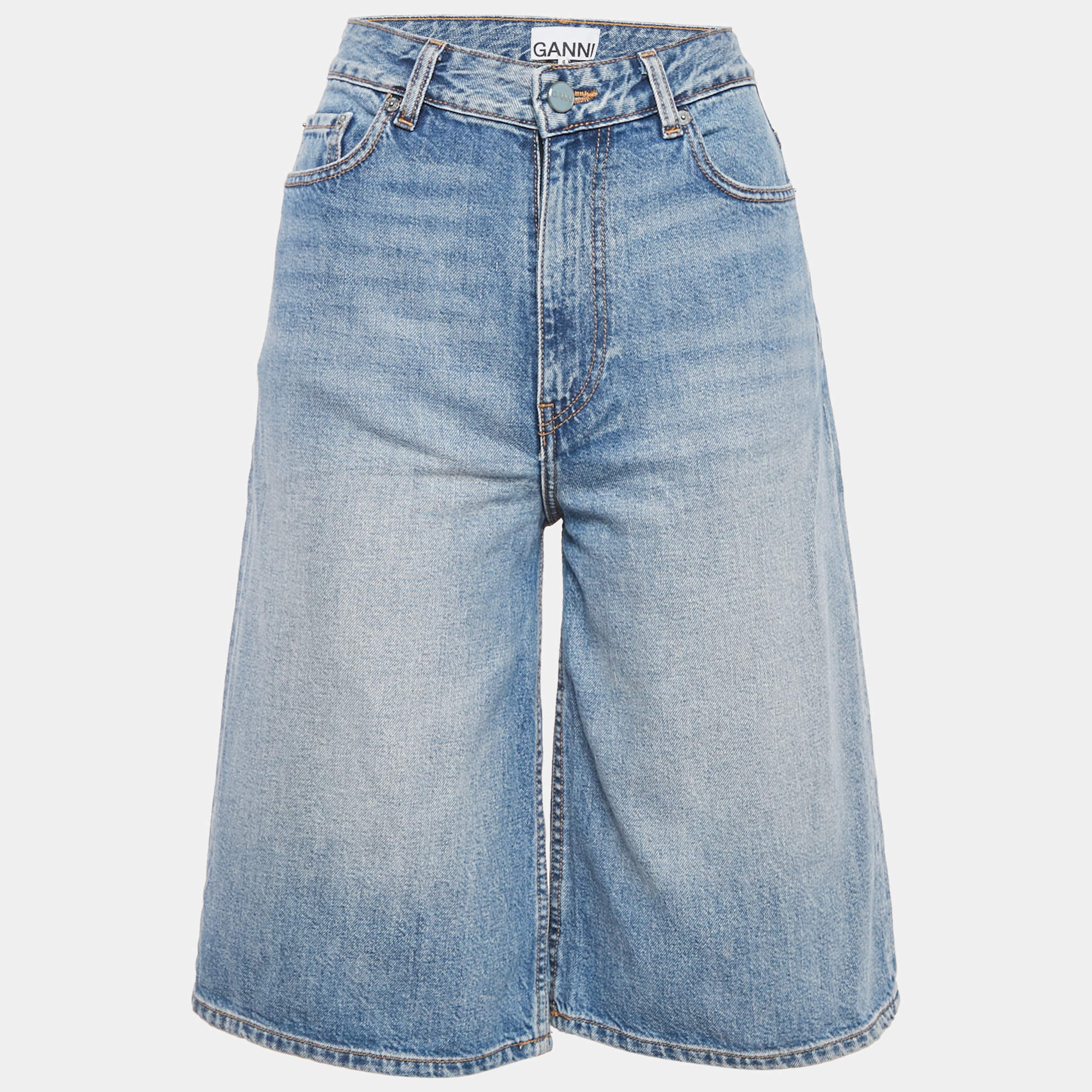 Pre Owned Ganni Blue Faded Denim Bermuda Shorts S Waist 26"