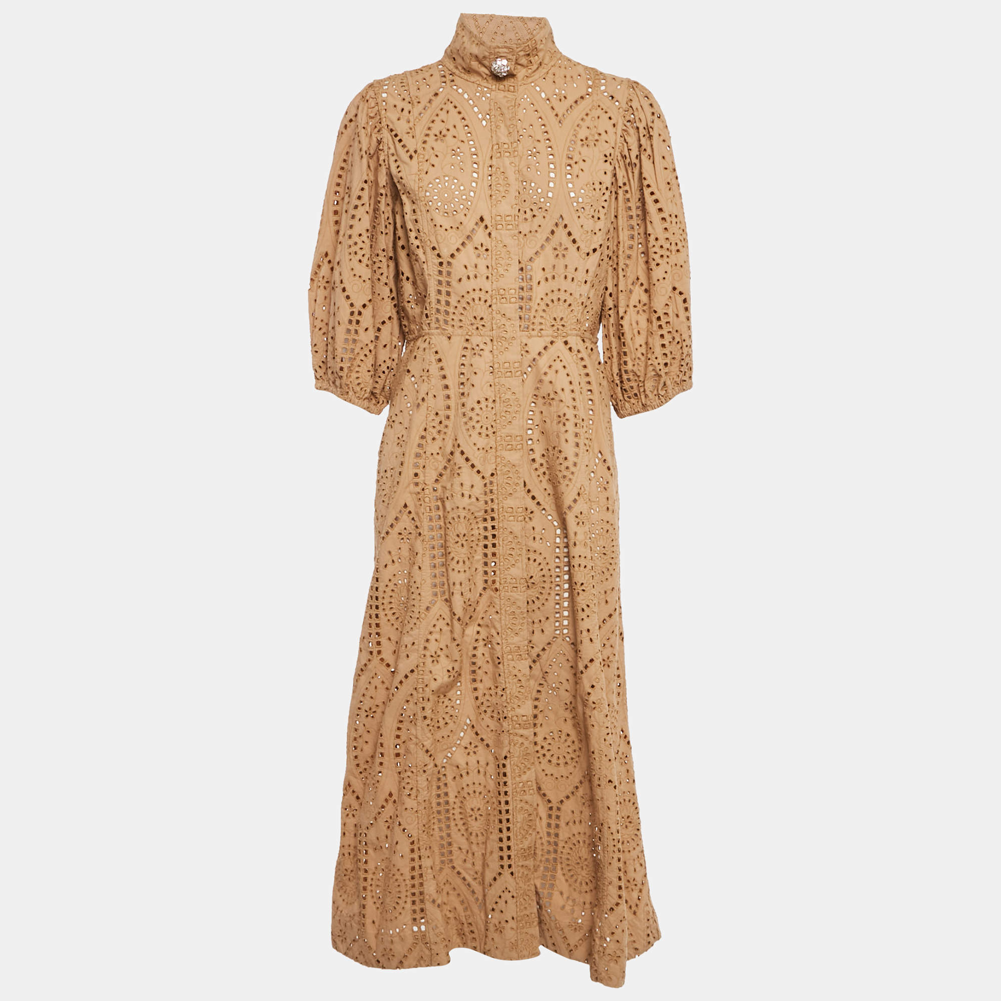 Pre Owned Ganni Brown Anglaise Broderie Cotton Button Front Midi Dress L