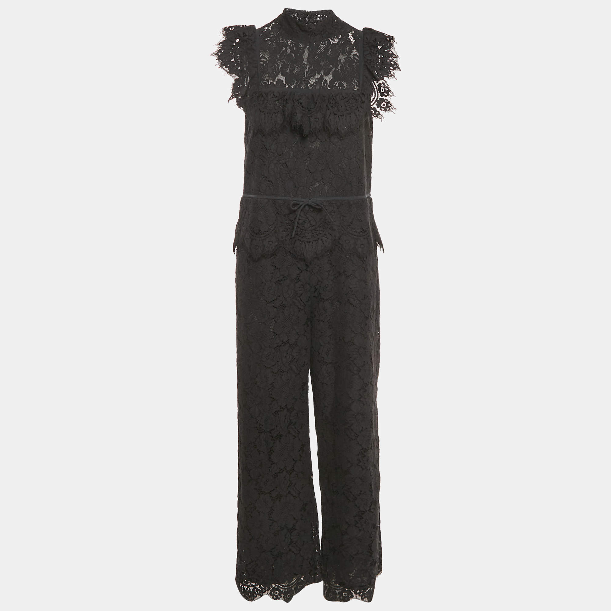 Pre Owned Ganni Black Corded Lace Ruffled Jumpsuit S