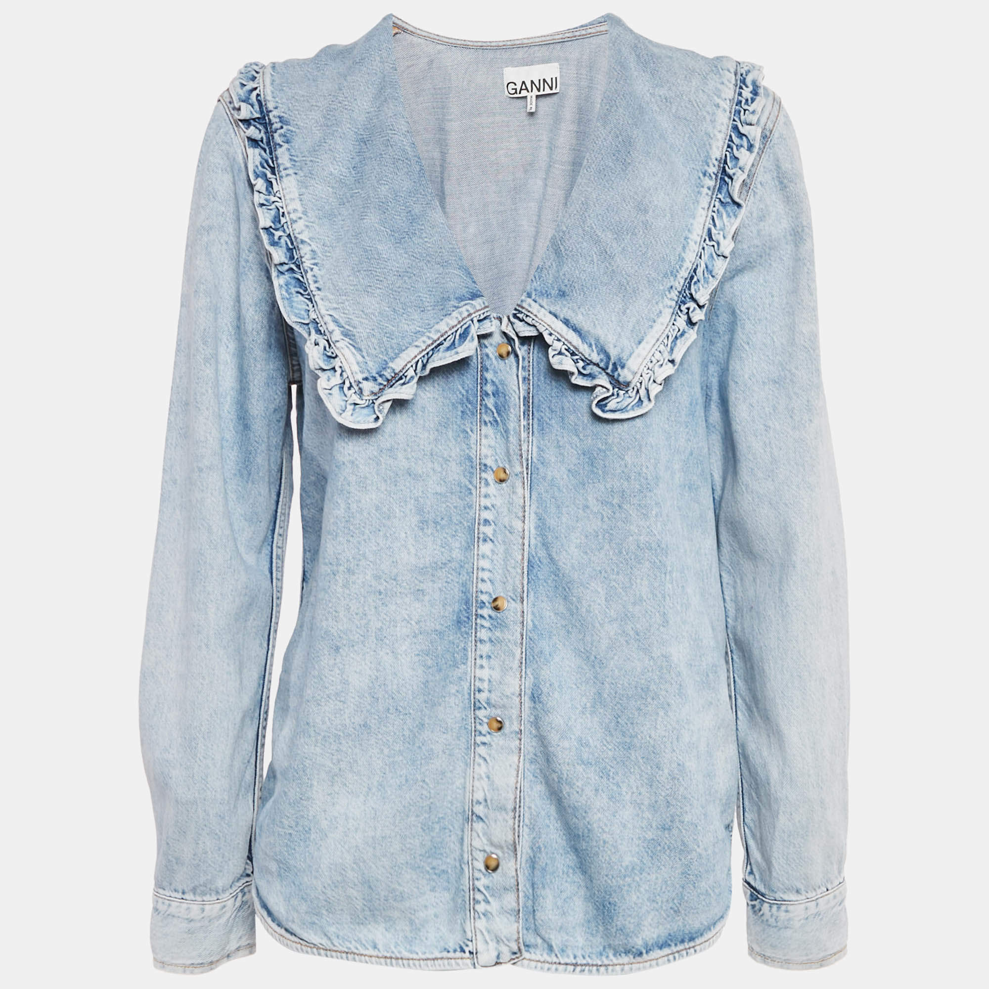 Pre Owned Ganni Blue Denim Ruffled Platter Collar Shirt M