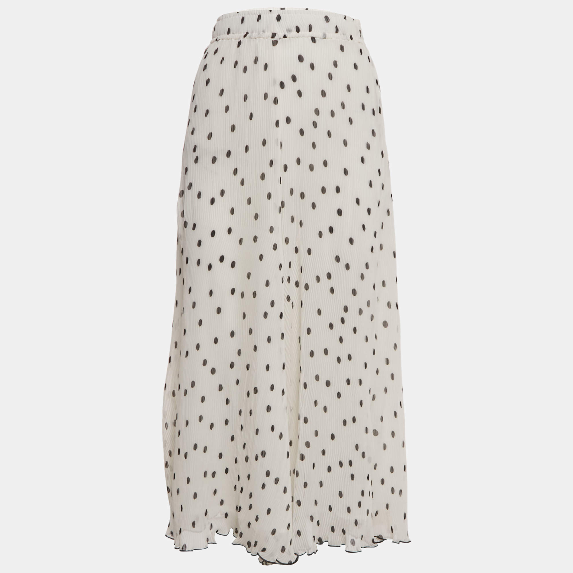 Pre Owned Ganni White Polka Dot Print Chiffon Plisse Midi Skirt S