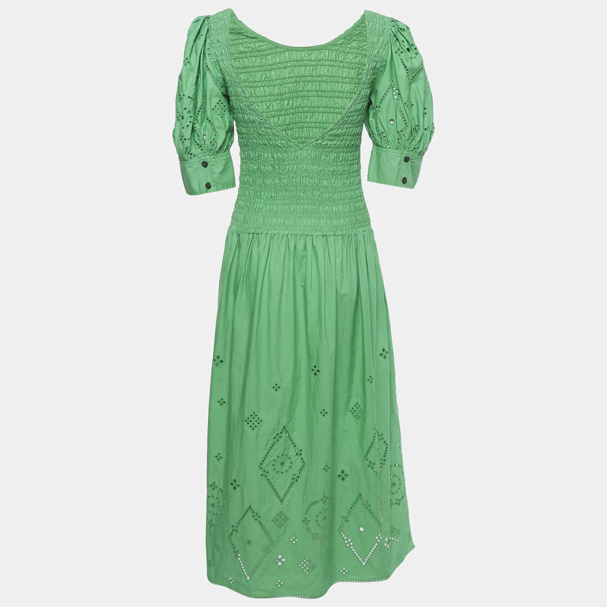 Ganni Neon Green/Black Checkered Cotton Puff Sleeve Dress XS