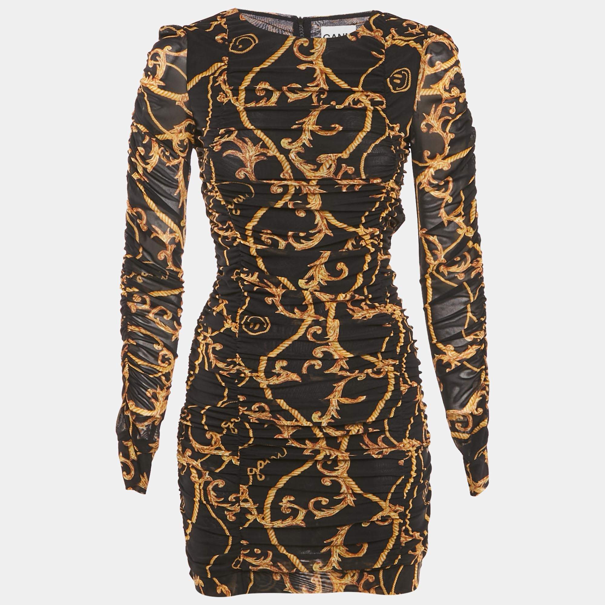 Pre Owned Ganni Black Printed Jersey Ruched Bodycon Mini Dress XS  