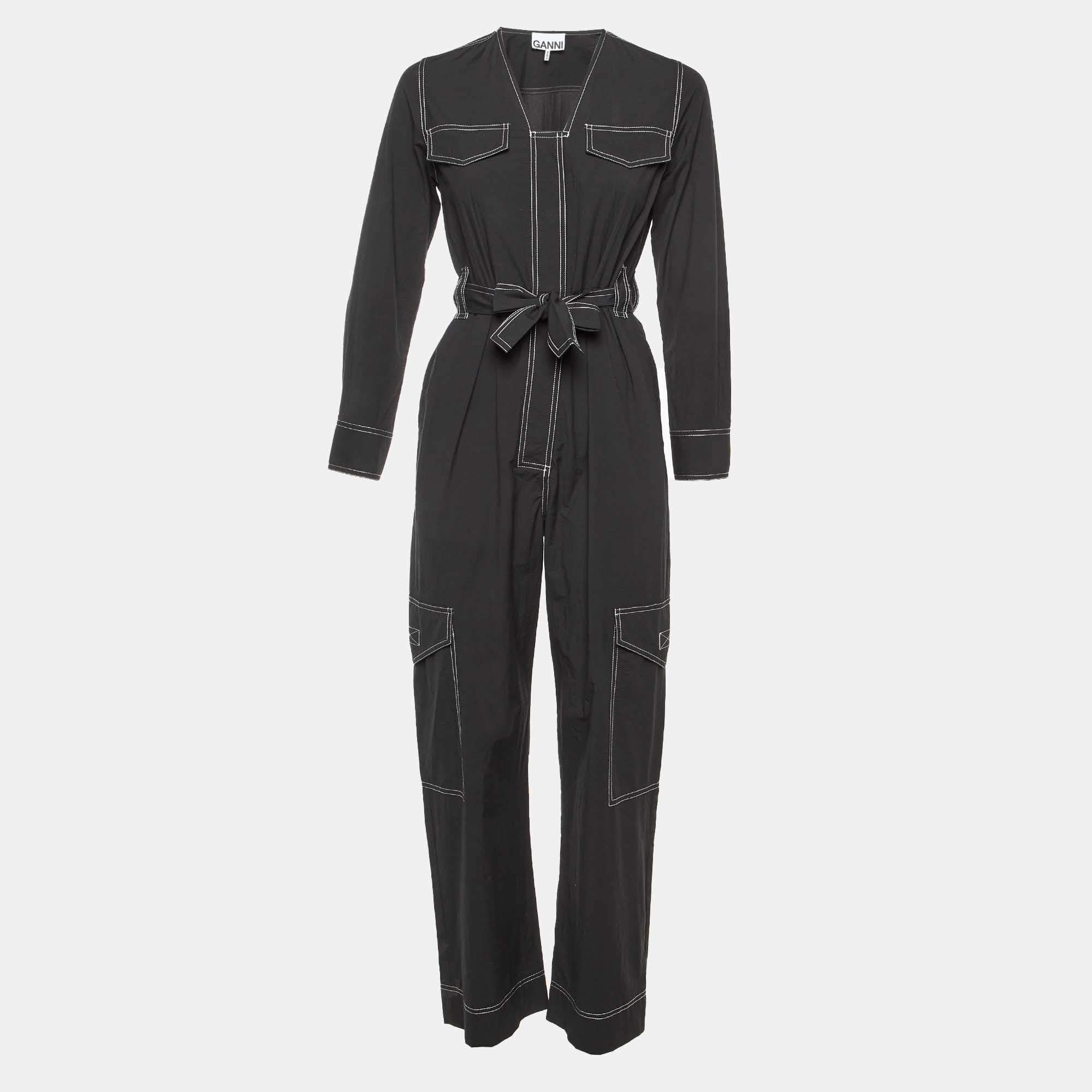 Pre Owned Ganni Black Cotton Blend Contrast Stitch Detail Belted Jumpsuit XS