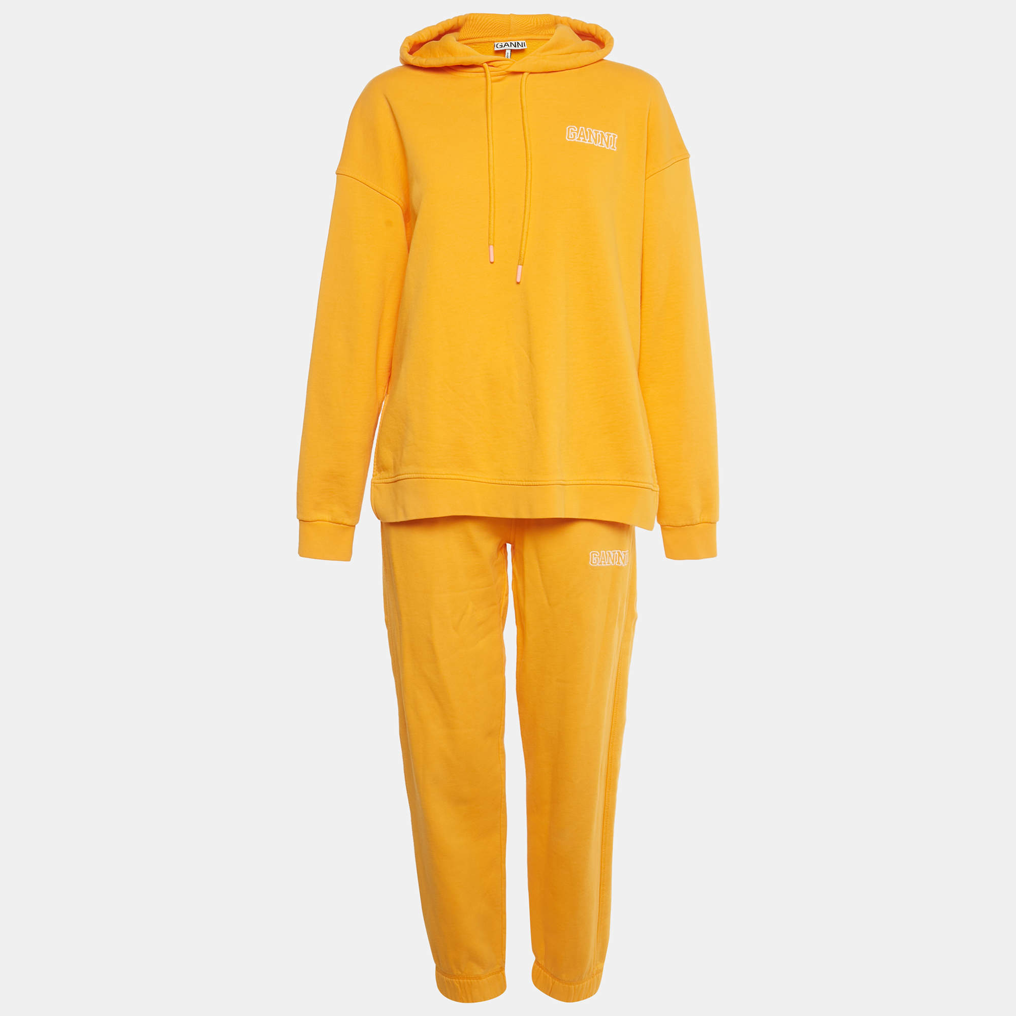 Pre Owned Ganni Orange Logo Embroidered Cotton Hoodie and Sweatpants Set S/M