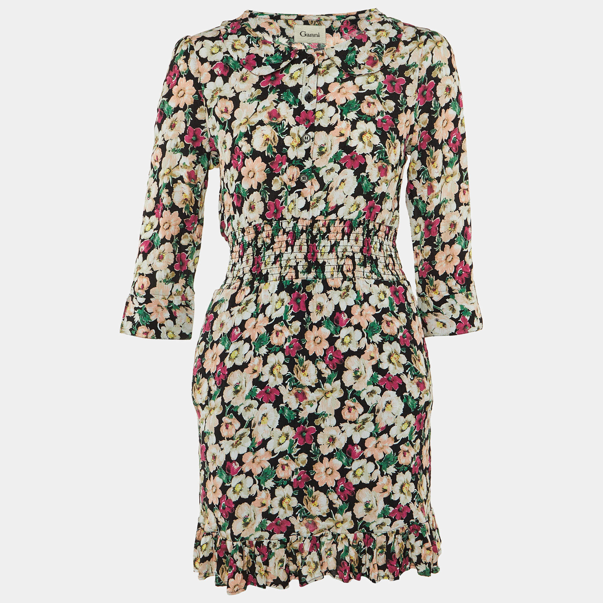 Pre Owned Ganni Black Floral Print Crepe Flounce Hem Dress L