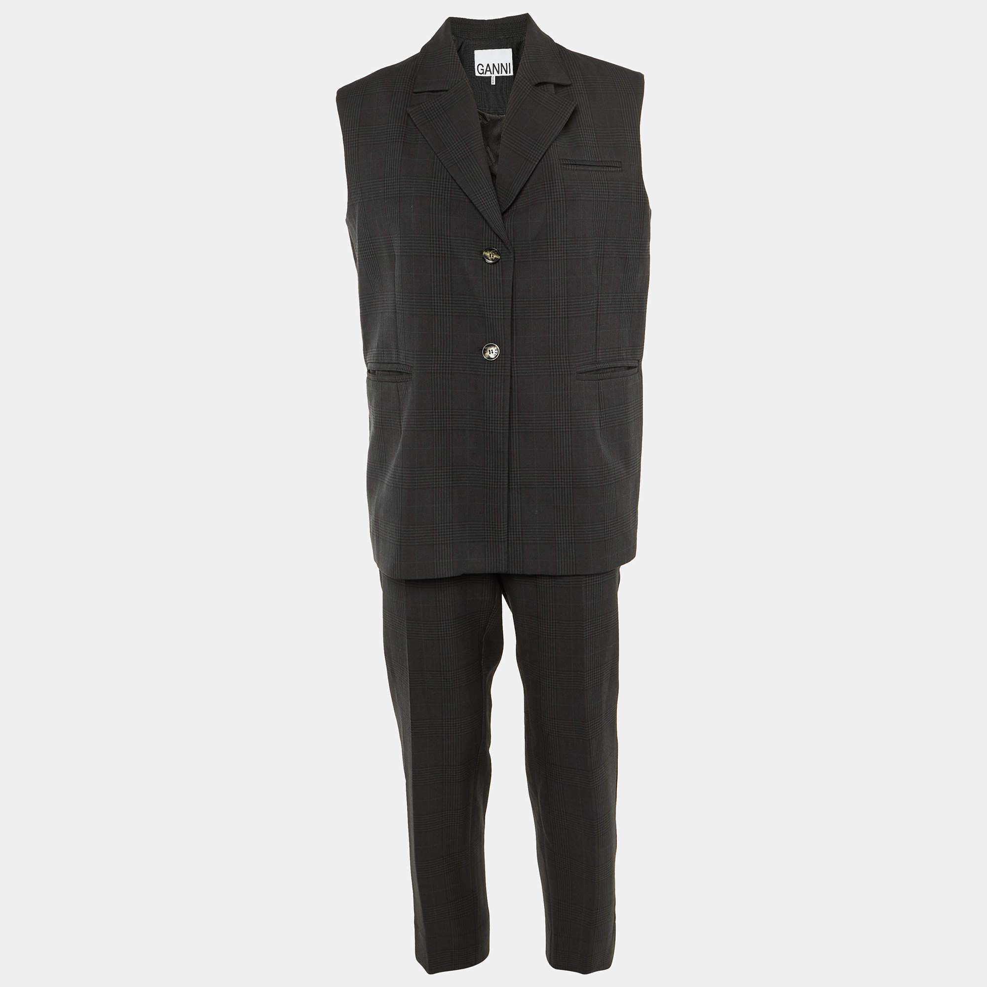 Pre Owned Ganni Grey Patterned Crepe Vest & Pants Suit XXS/XS/L