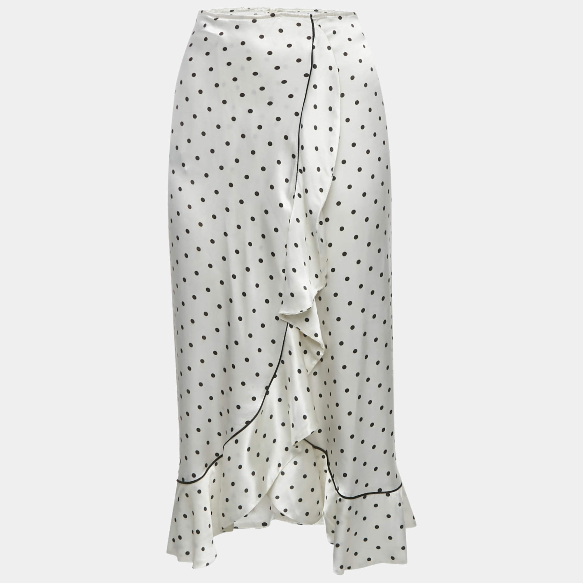 مملوكة مسبقًا Ganni White Polka Dots Print Satin Ruffled Midi M