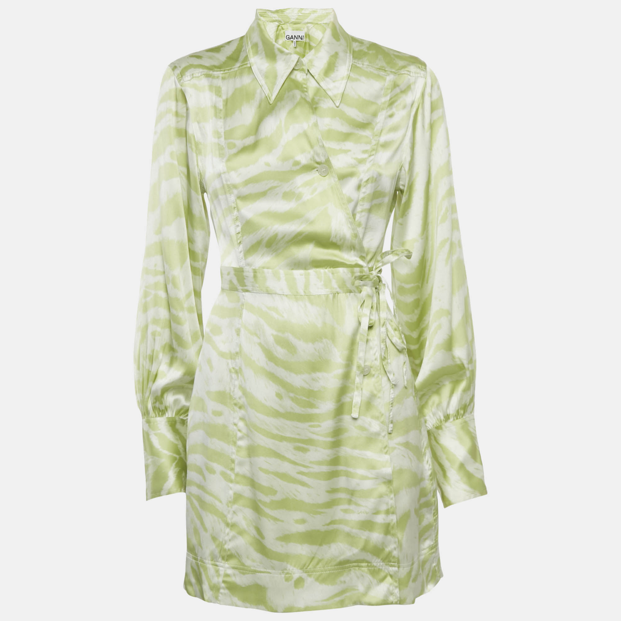 Pre Owned Ganni Green Zebra print Silk Puff Sleeve Dress XS