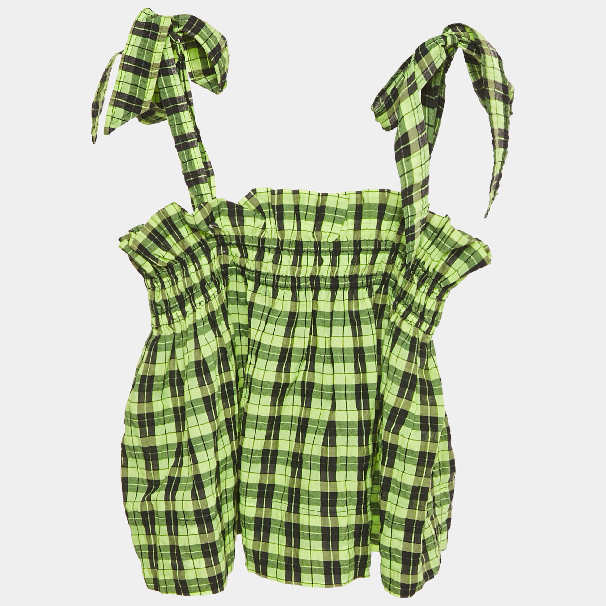 مملوكة مسبقًا Ganni Neon Green/Black Checks Cotton Blend Shirring Top S