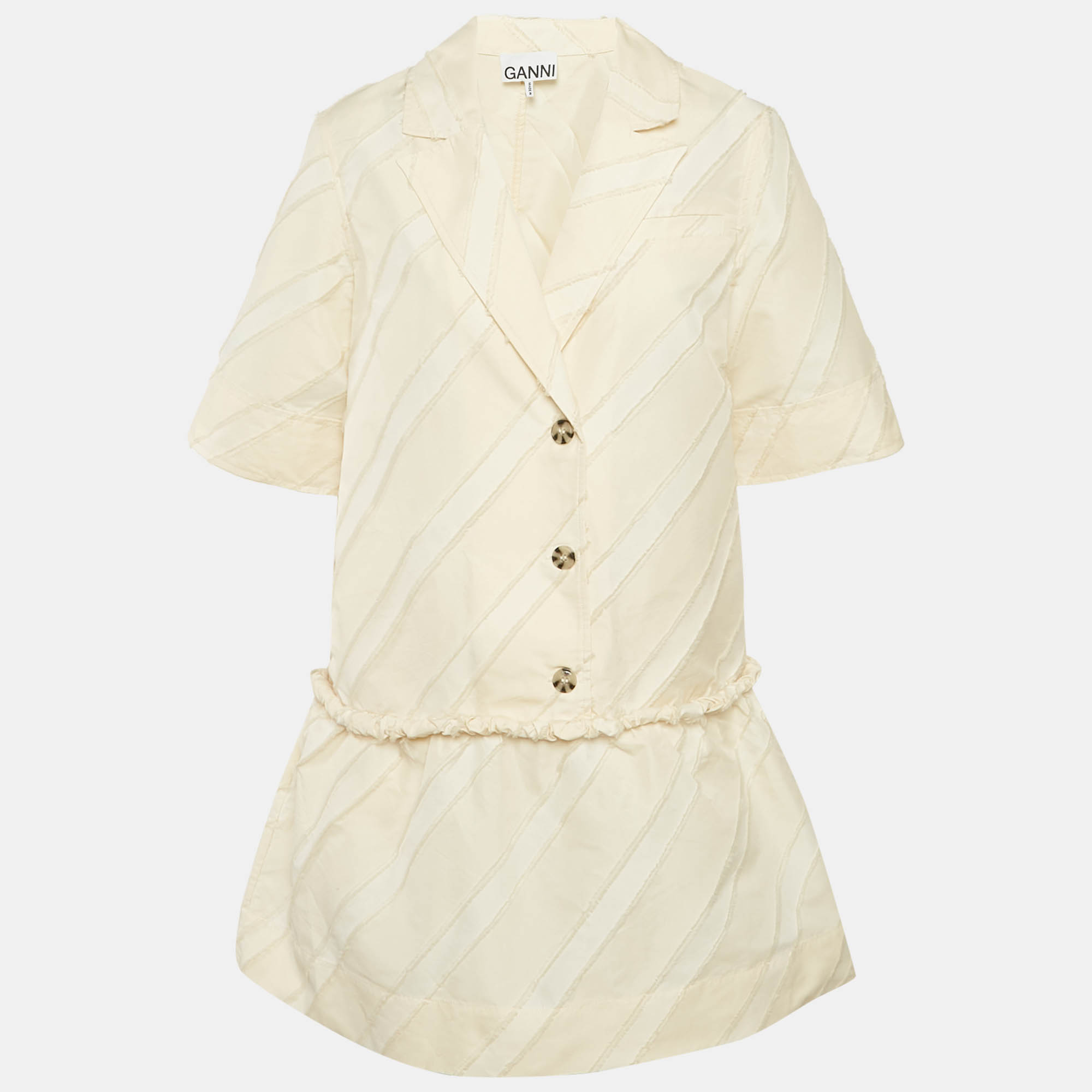 مملوكة مسبقًا Ganni Cream Diagonal Stripe Crepe Frayed Mini Dress S